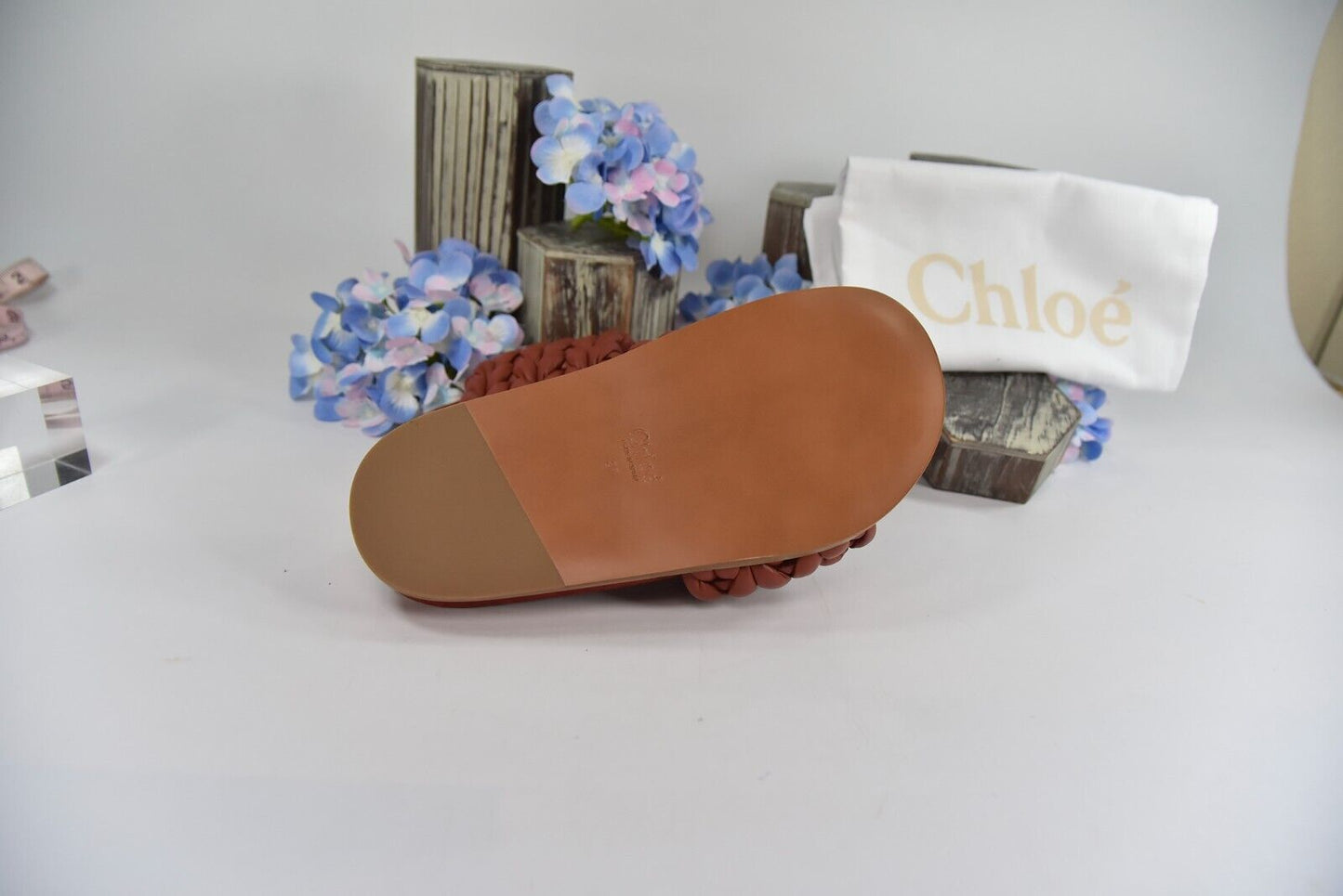 Chloe Terracotta Brown Leather Kacey Woven Flat Mules Slides Sz 37 NIB