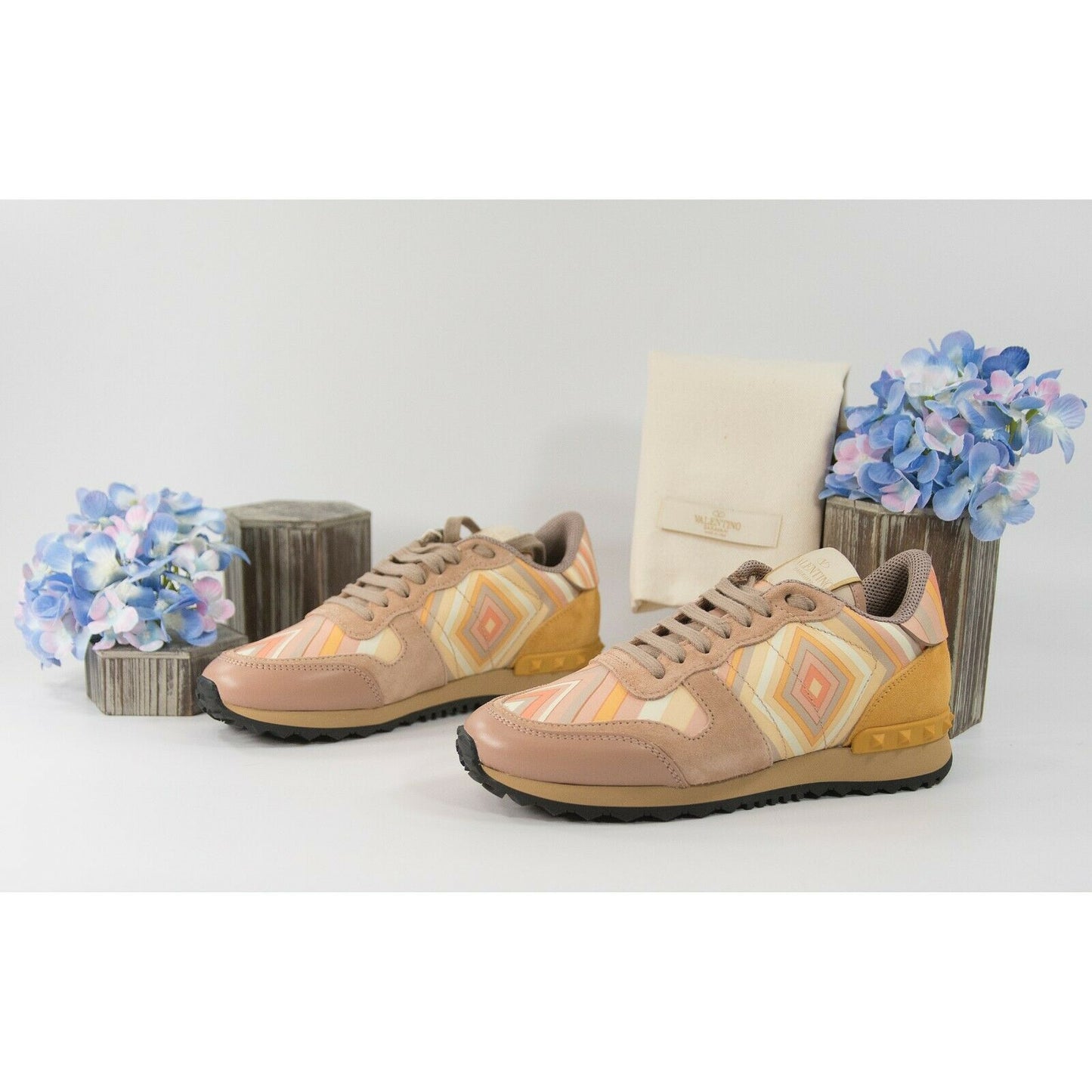 Valentino Orange Rockstud Nylon Suede Leather Diamond Trainer Sneaker 36 6 NIB