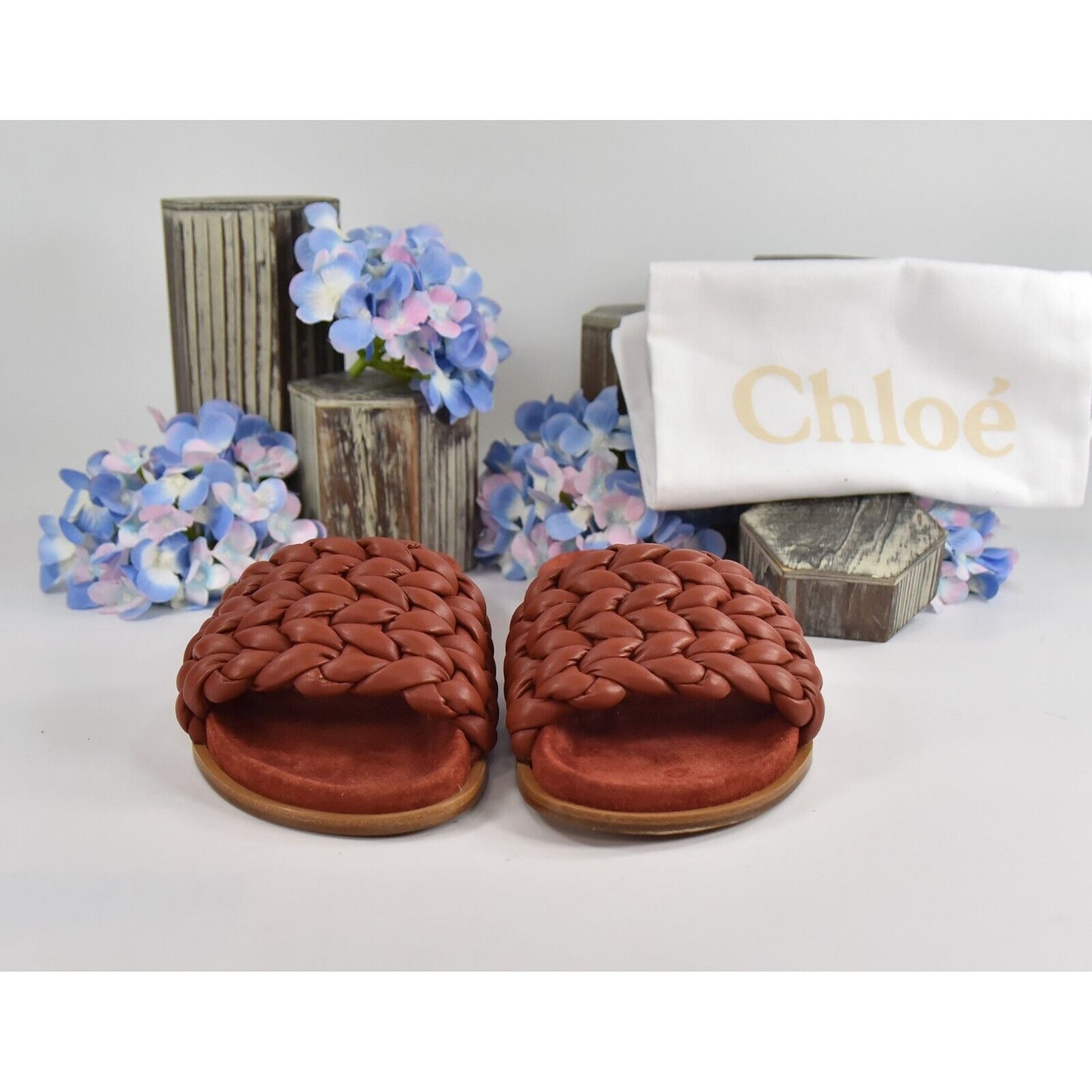 Chloe Terracotta Brown Leather Kacey Woven Flat Mules Slides Sz 37 NIB