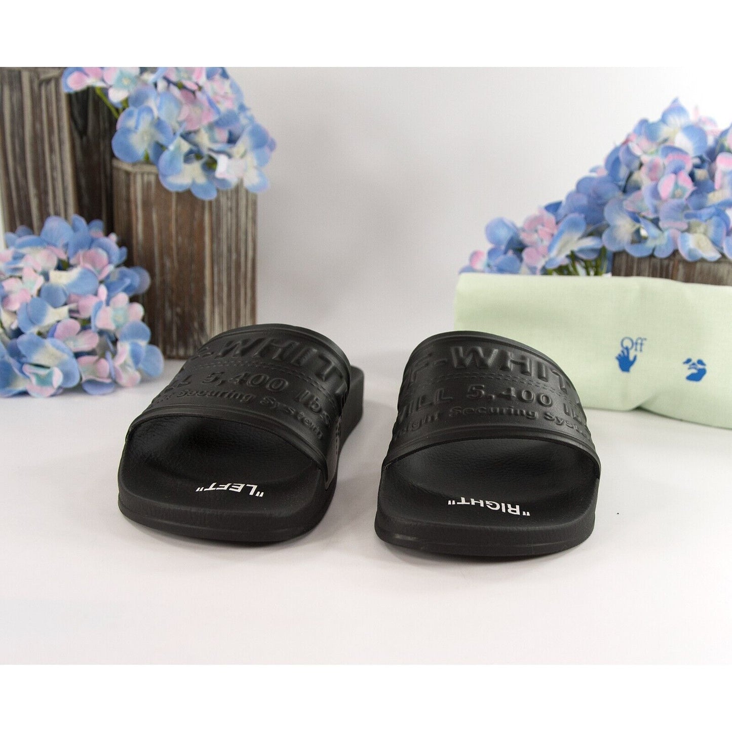 Off-White HF Black Embossed Logo Rubber Pool Slides 36 NIB