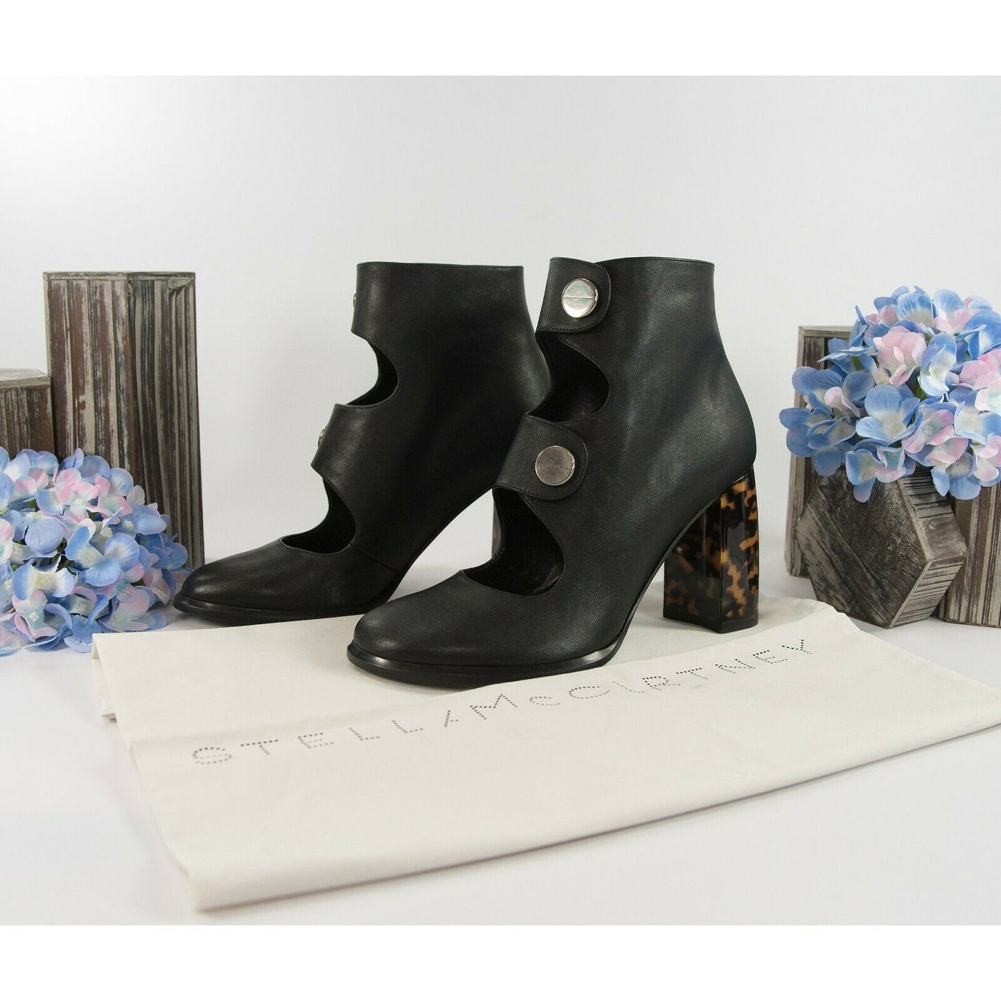 Stella McCartney Black Faux Leather Vegan Posie Bootie Tortoise Heels 37.5 NIB