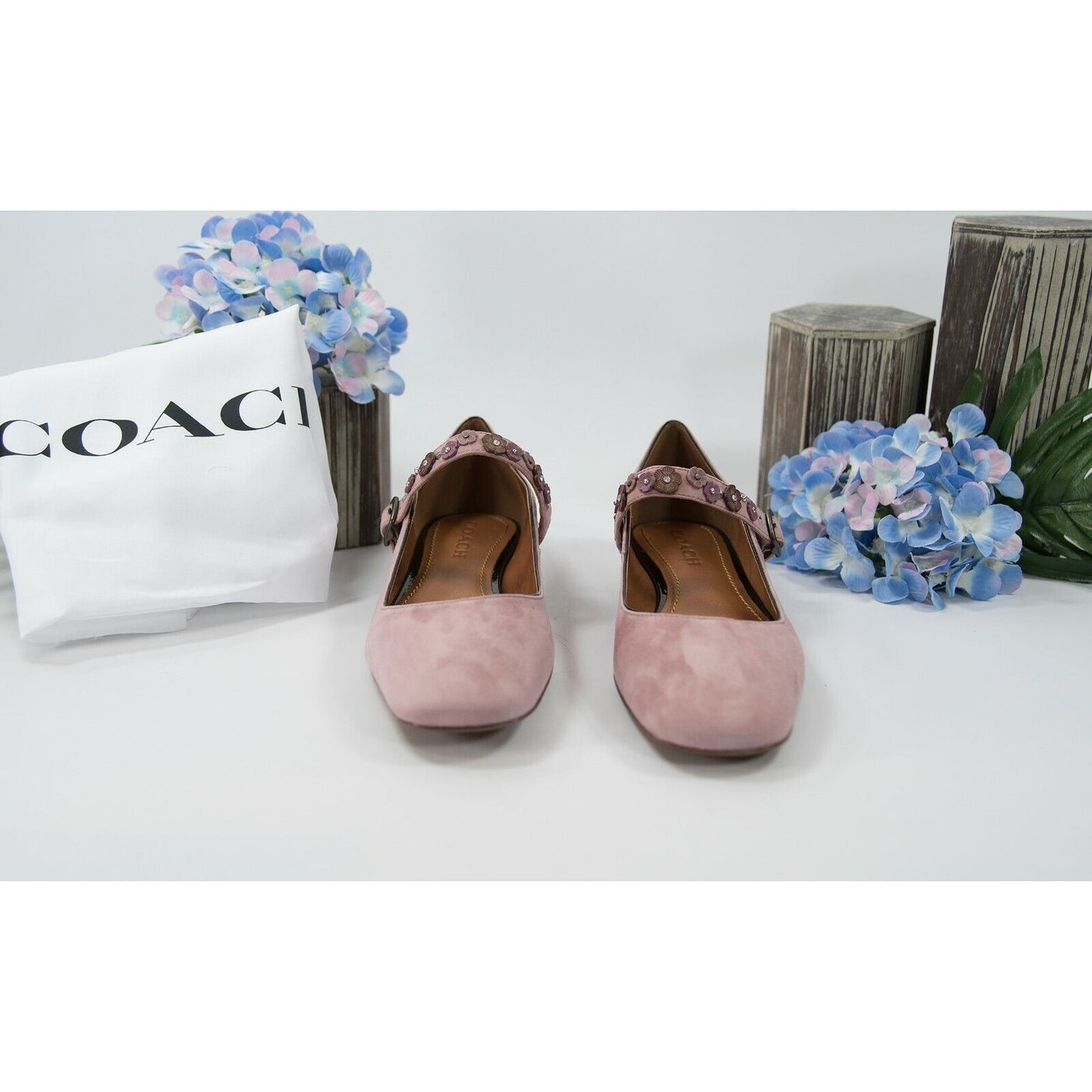 Coach Dusty Rose Flower Stud Suede Leather Mary Jane Flat Size 9.5 NIB