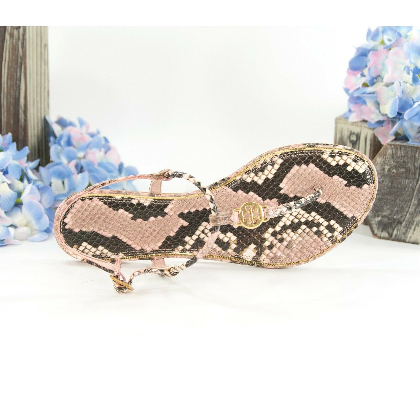 Tory Burch Emmy Misty Rose Snake Leather Strappy Minimal Sandal Size 7.5 NIB