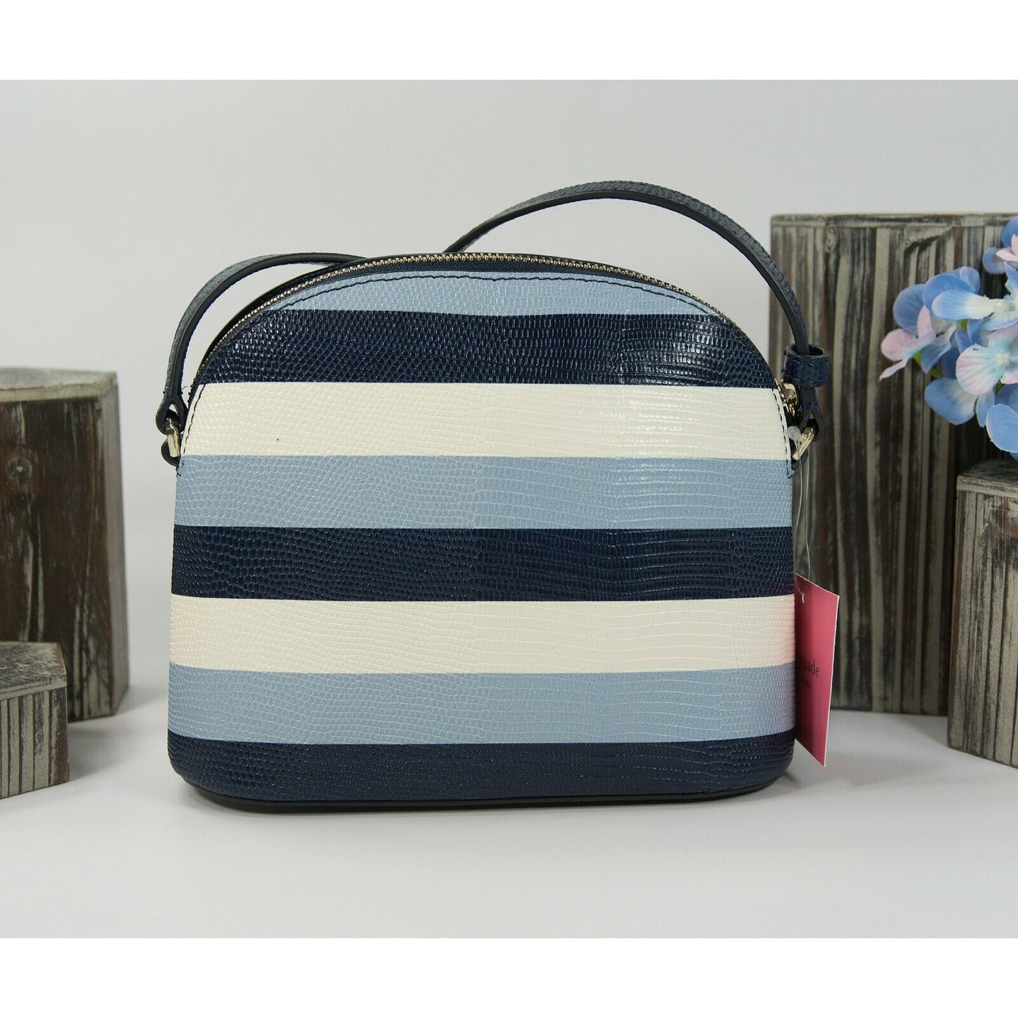 Kate Spade Sylvia Blue Lizard Embossed Stripe Leather Medium Dome Crossbody NWT