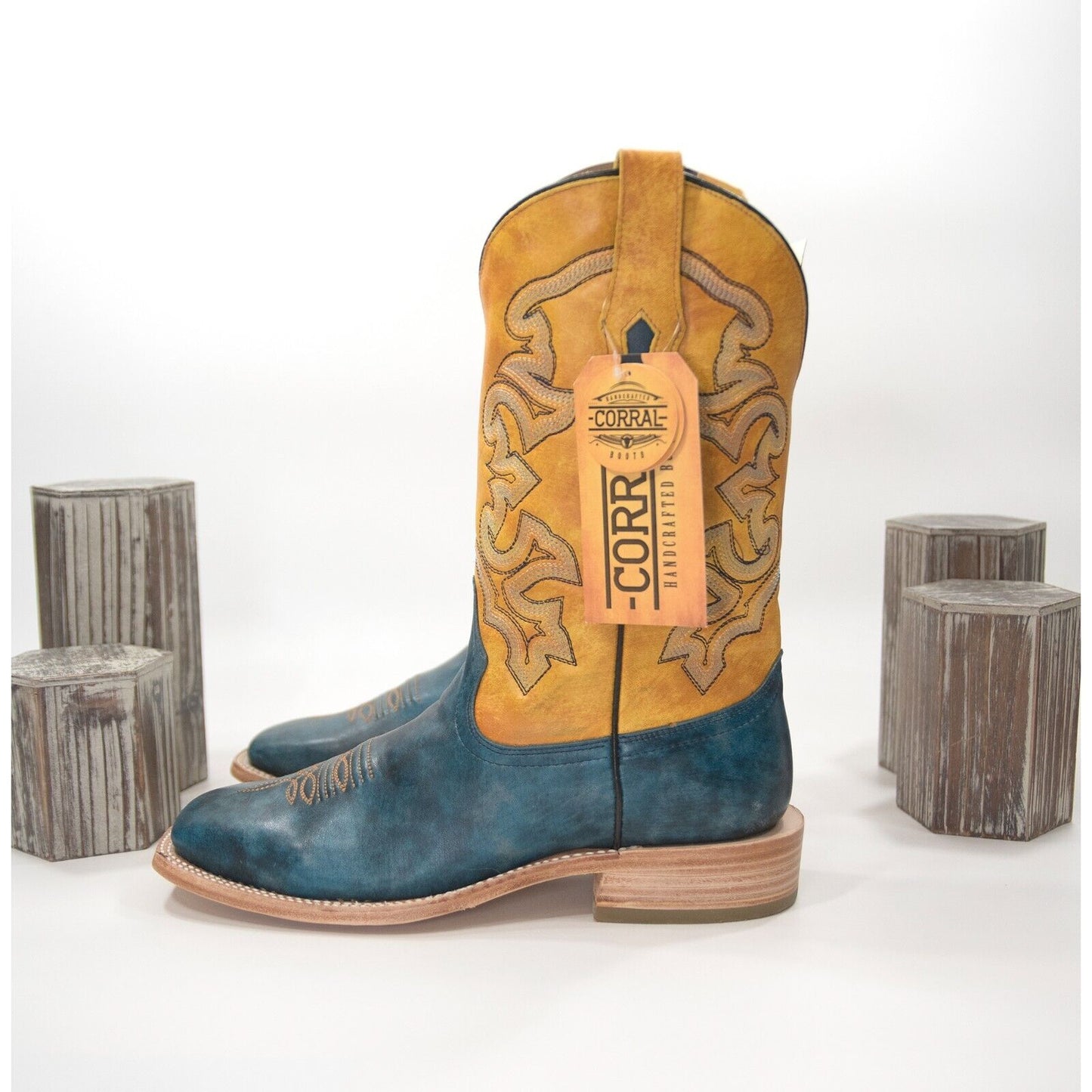 Corral A4381 Navy Blue Yellow Leather Embroidered Square Toe Boots Mens 8 NIB