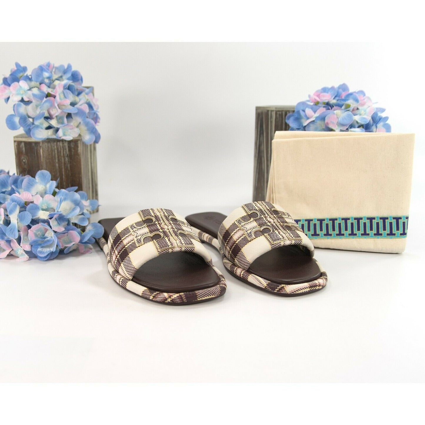 Tory Burch Cream Black Yellow Plaid Leather Double T Padded Sport Slide Sz 7 NIB