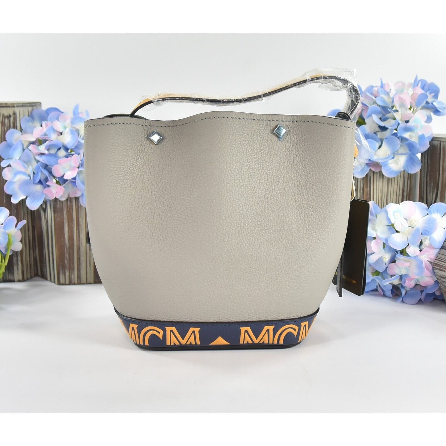 MCM Yellow Grey Goatskin Mini Upcycling Project Flower Milano Drawstring Bag NWT