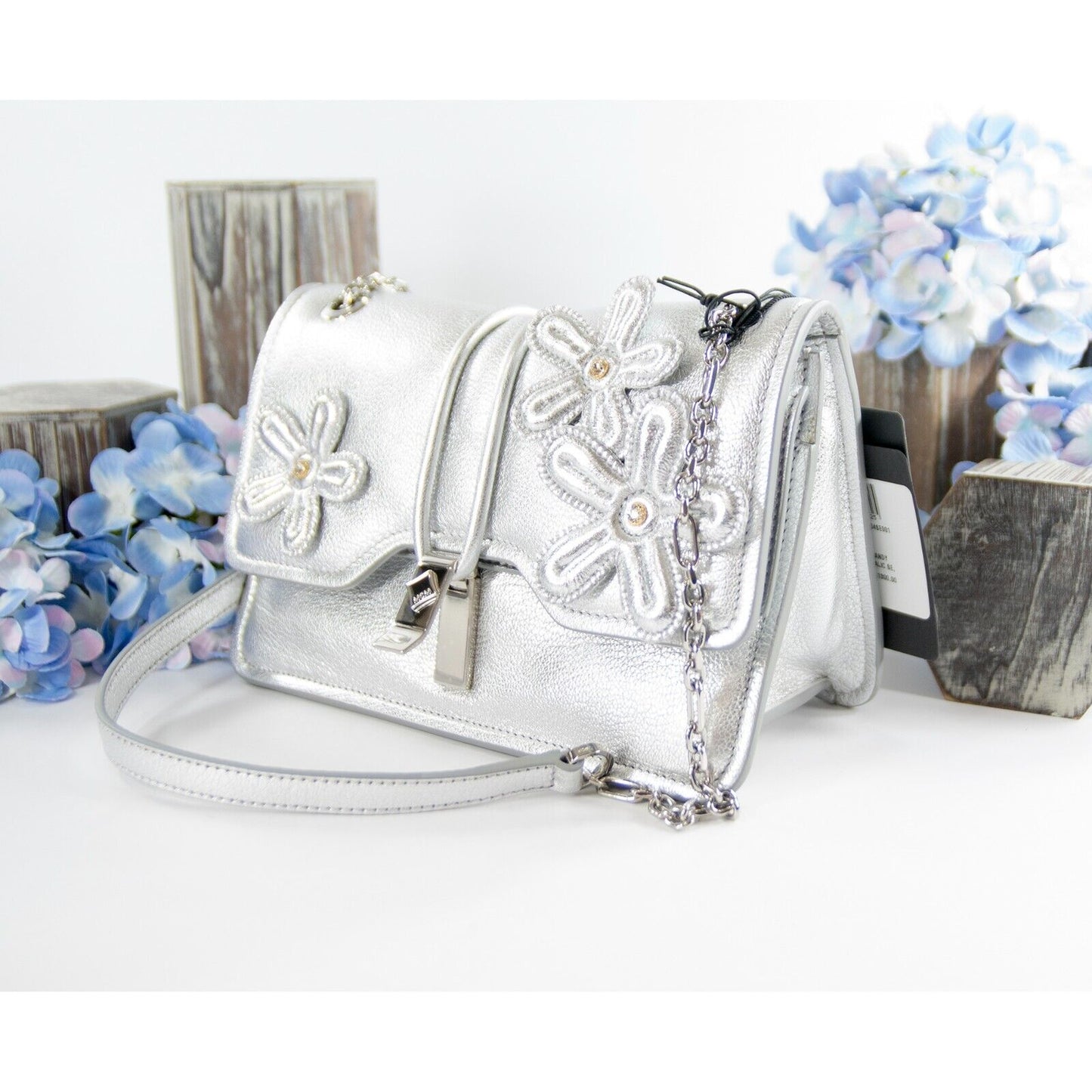 MCM Silver Leather Run Candy Small Crystal Flower Small Flap Shoulder Bag NWT