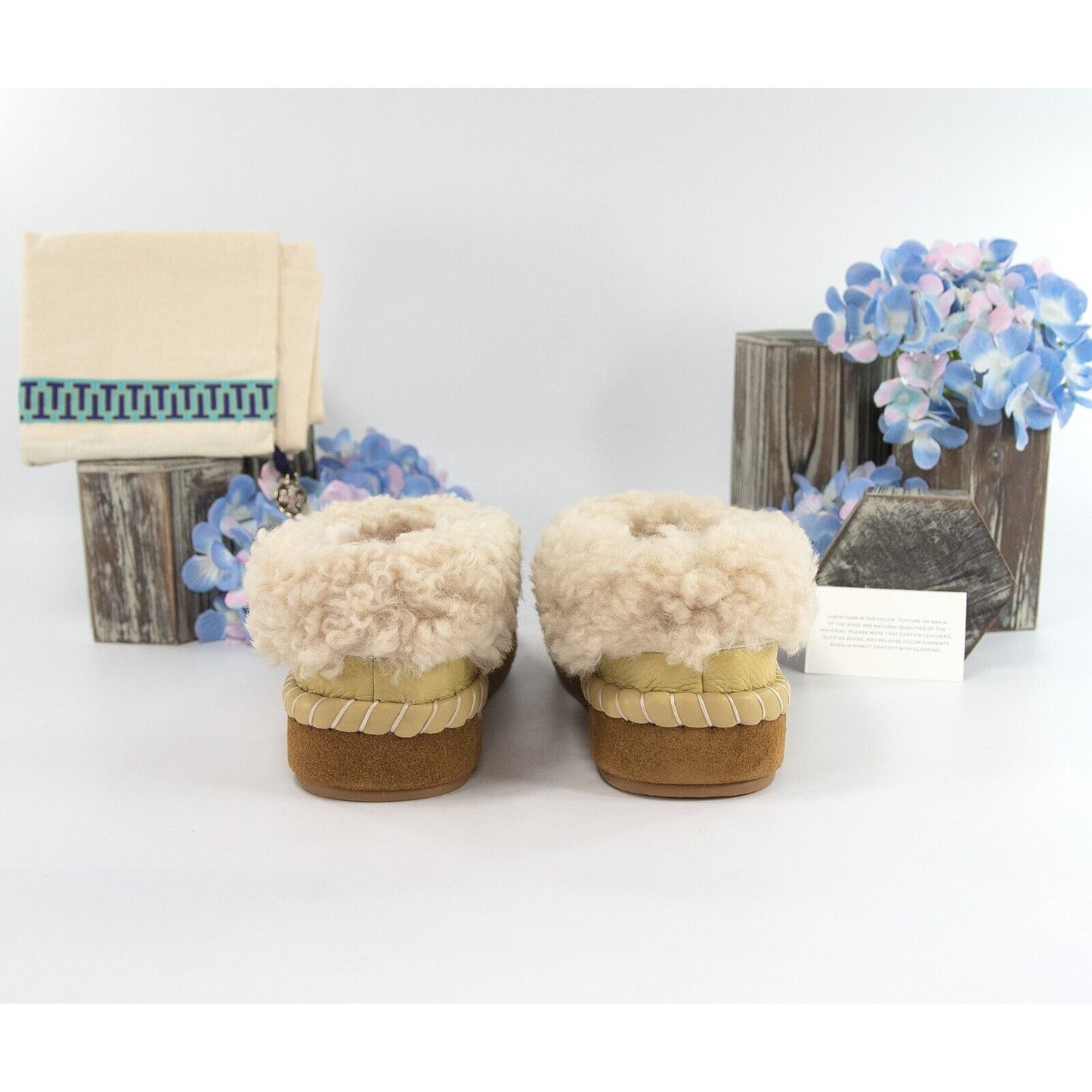 Tory Burch Cornbread Deer Leather Shearling Oversized Slipper Sz 7 NIB