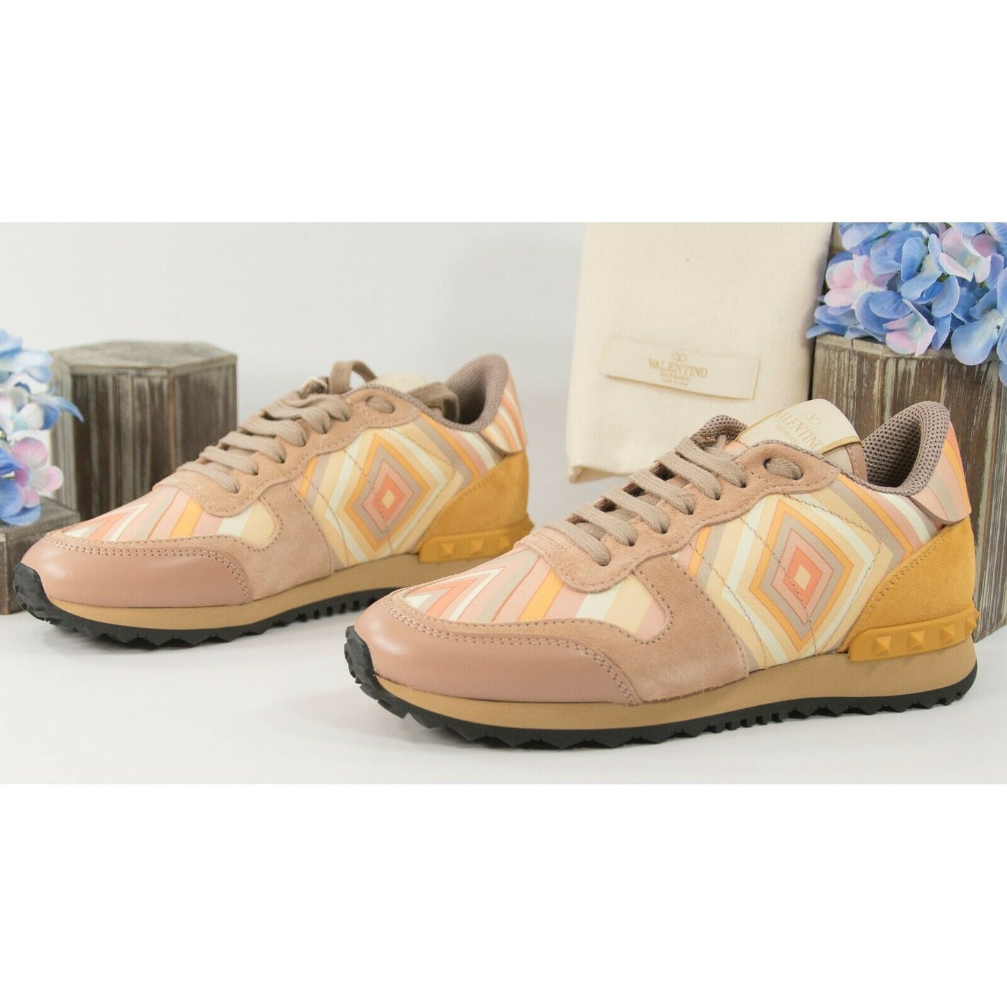 Valentino Orange Rockstud Nylon Suede Leather Diamond Trainer Sneaker 36 6 NIB