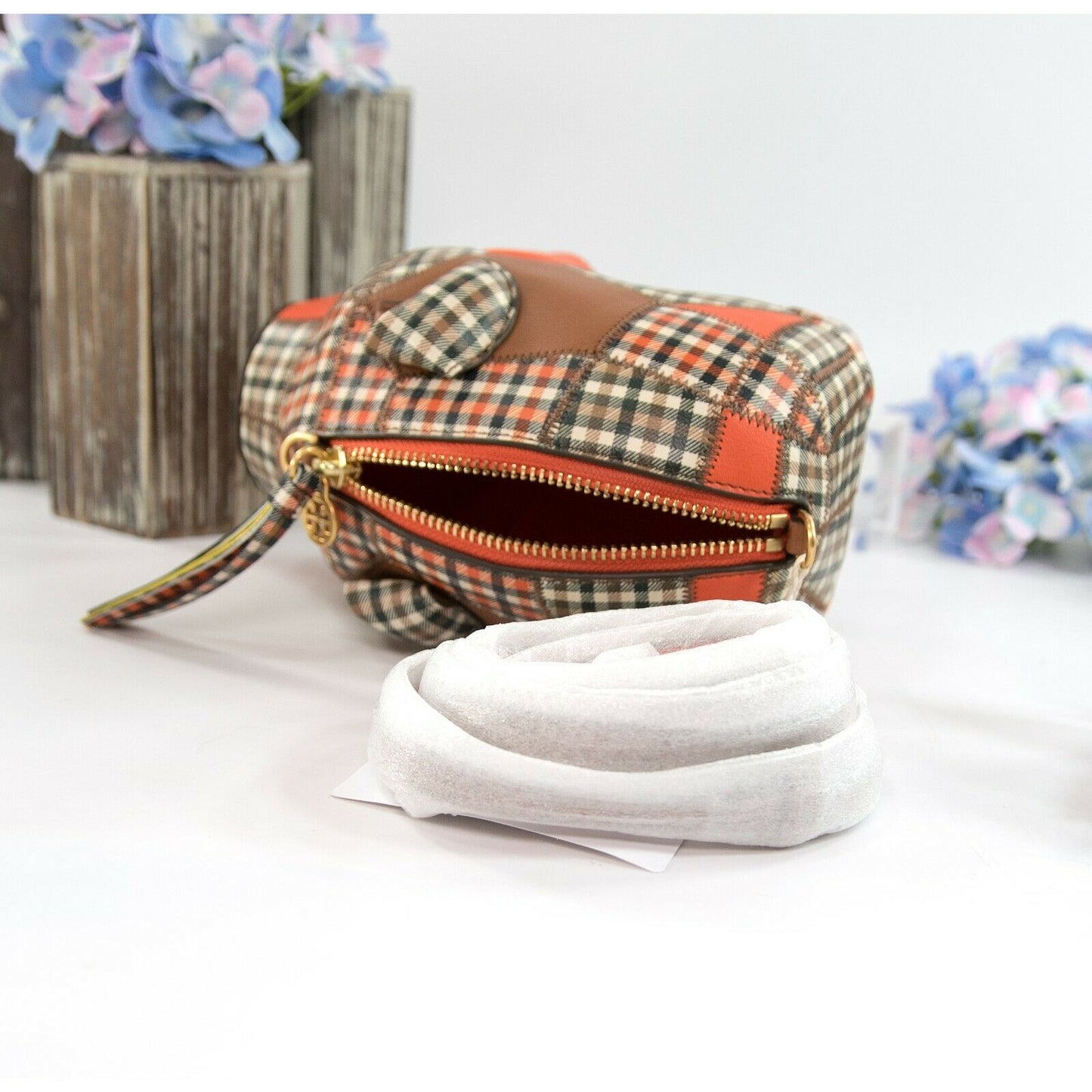 Tory Burch Navy Multi Plaid Patchwork Peggy The Pig Mini Bag NWT