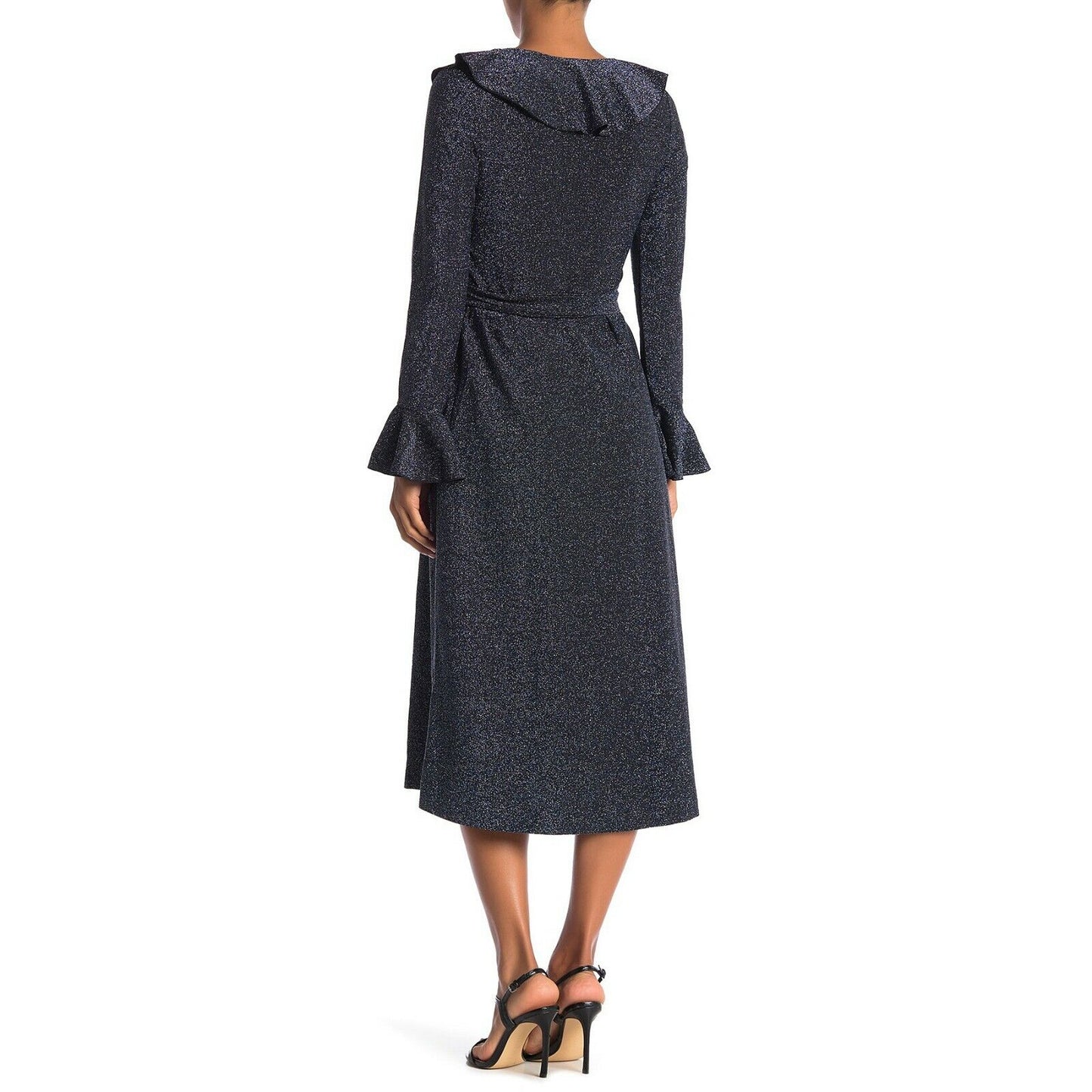 Free People One More Time Blue Black Shimmer Ruffle Midi Wrap Dress XS NWT
