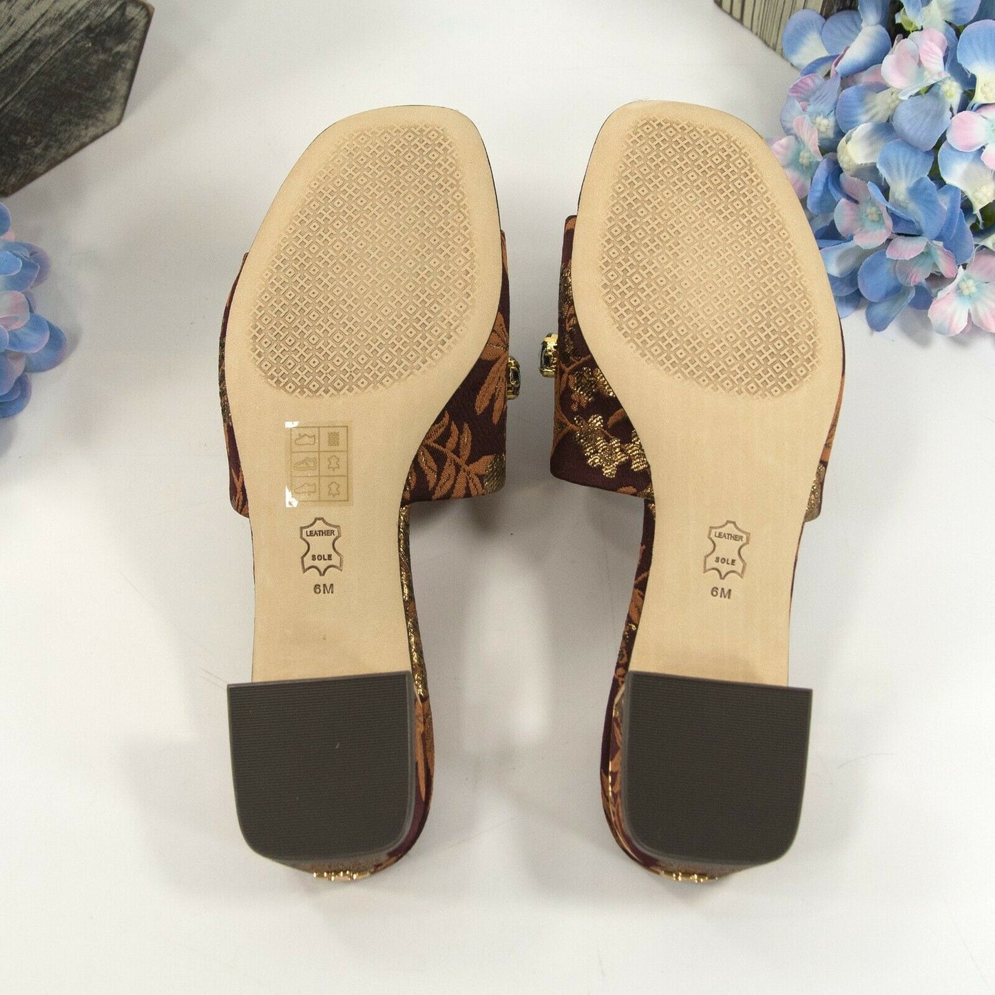 Tory Burch Martine Burgundy Gold Floral Jacquard Jeweled Flats Slides Sz 6 NIB