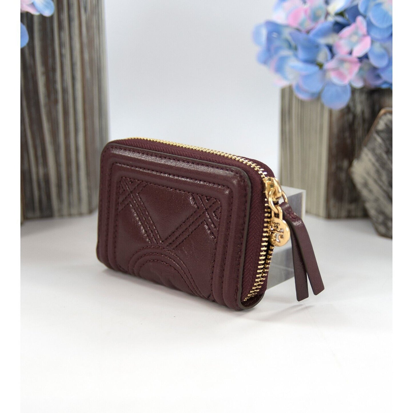 Tory Burch Nebbiolo Soft Waxed Leather Mini Compact Zip Around Wallet NWT