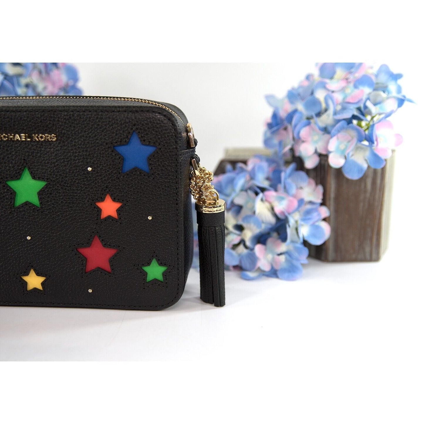 Michael Kors Black Leather Rainbow Star Cut Out Ginny Camera Crossbody NWT