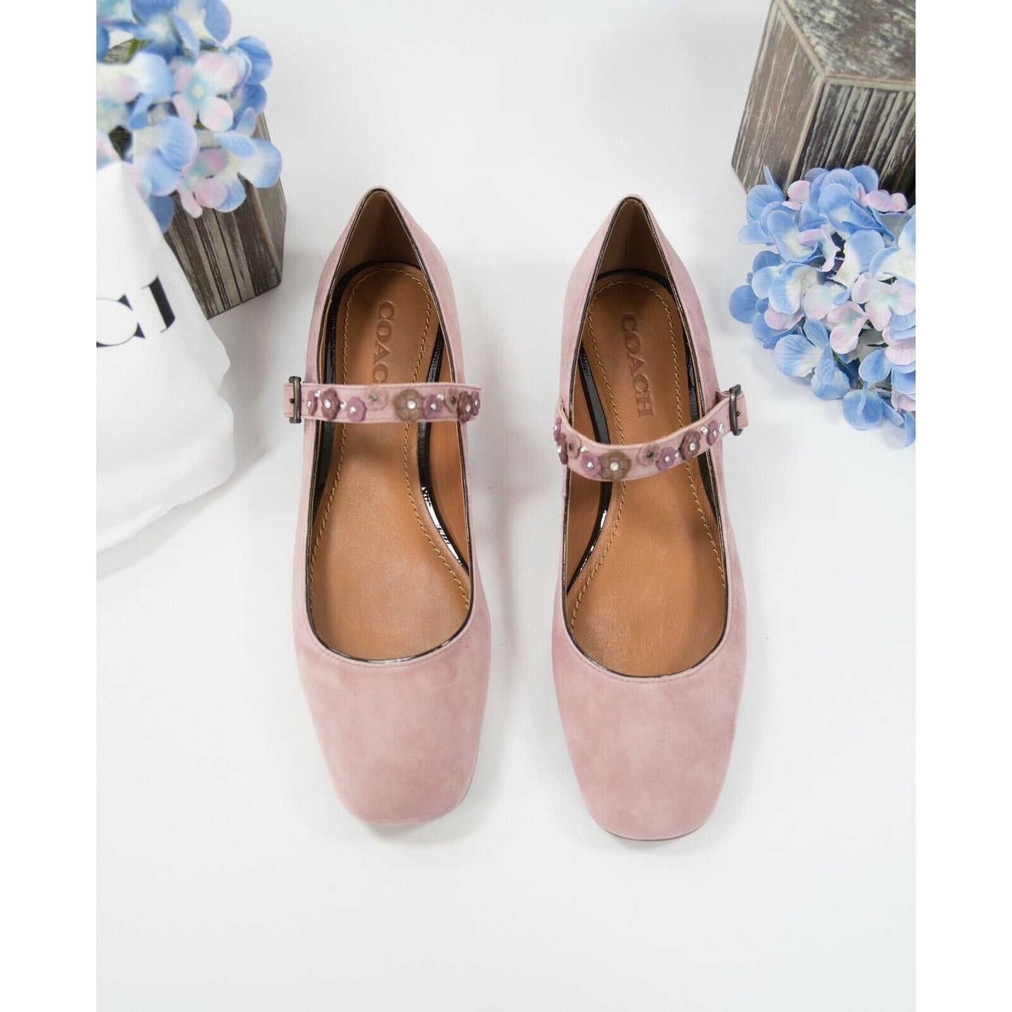 Coach Dusty Rose Flower Stud Suede Leather Mary Jane Flat Size 9.5 NIB