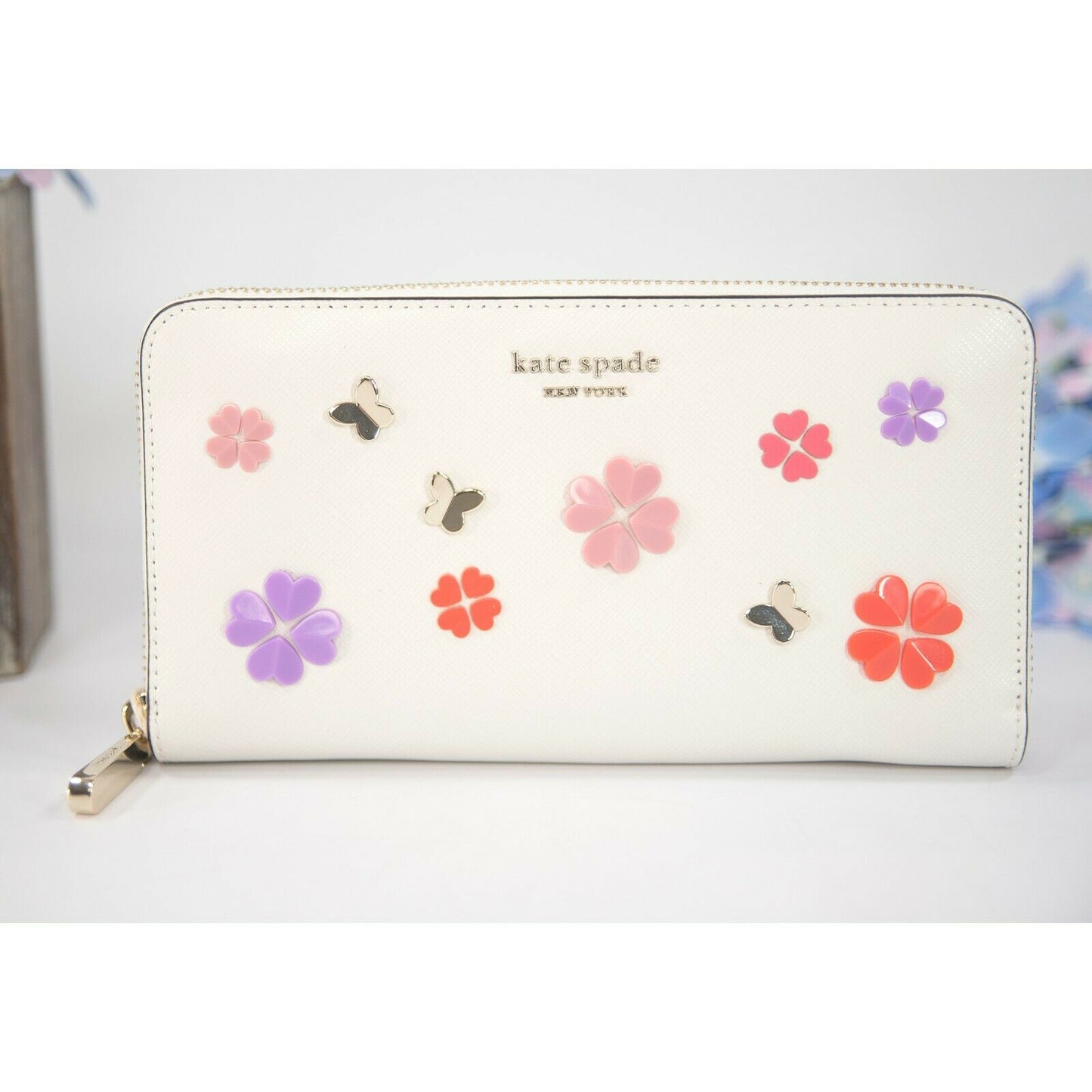 Kate Spade Ivory Leather Spencer Clover Butterfly Zip Around Lacey Wallet NWOT