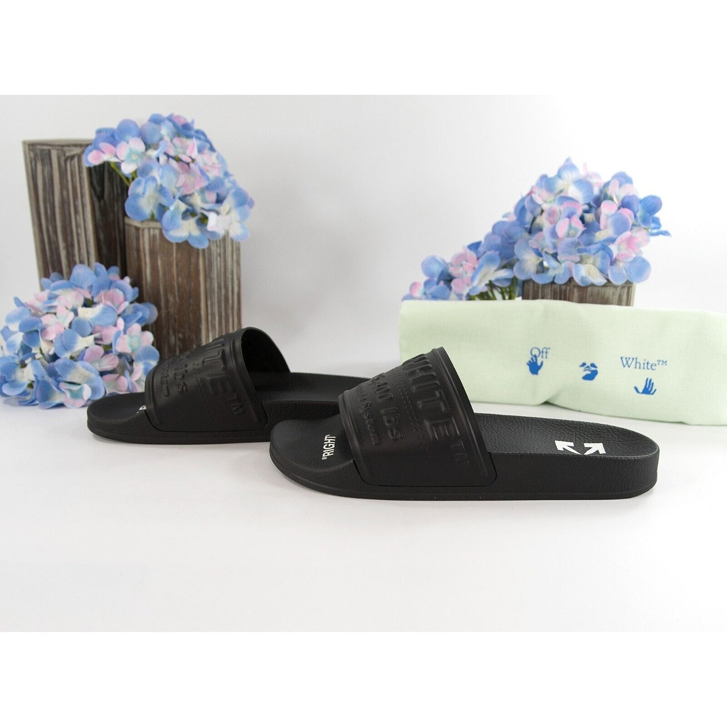 Off-White HF Black Embossed Logo Rubber Pool Slides 36 NIB