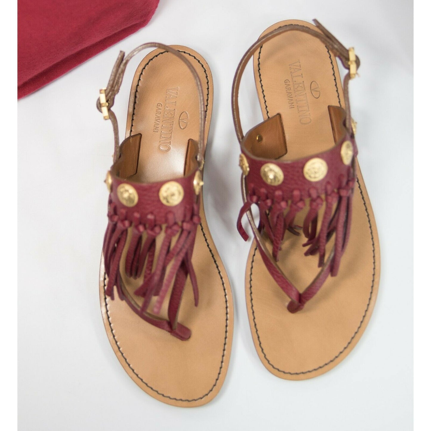 Valentino Scarlet Red Fringe Leather Medallion Flat Sandal 36 NIB