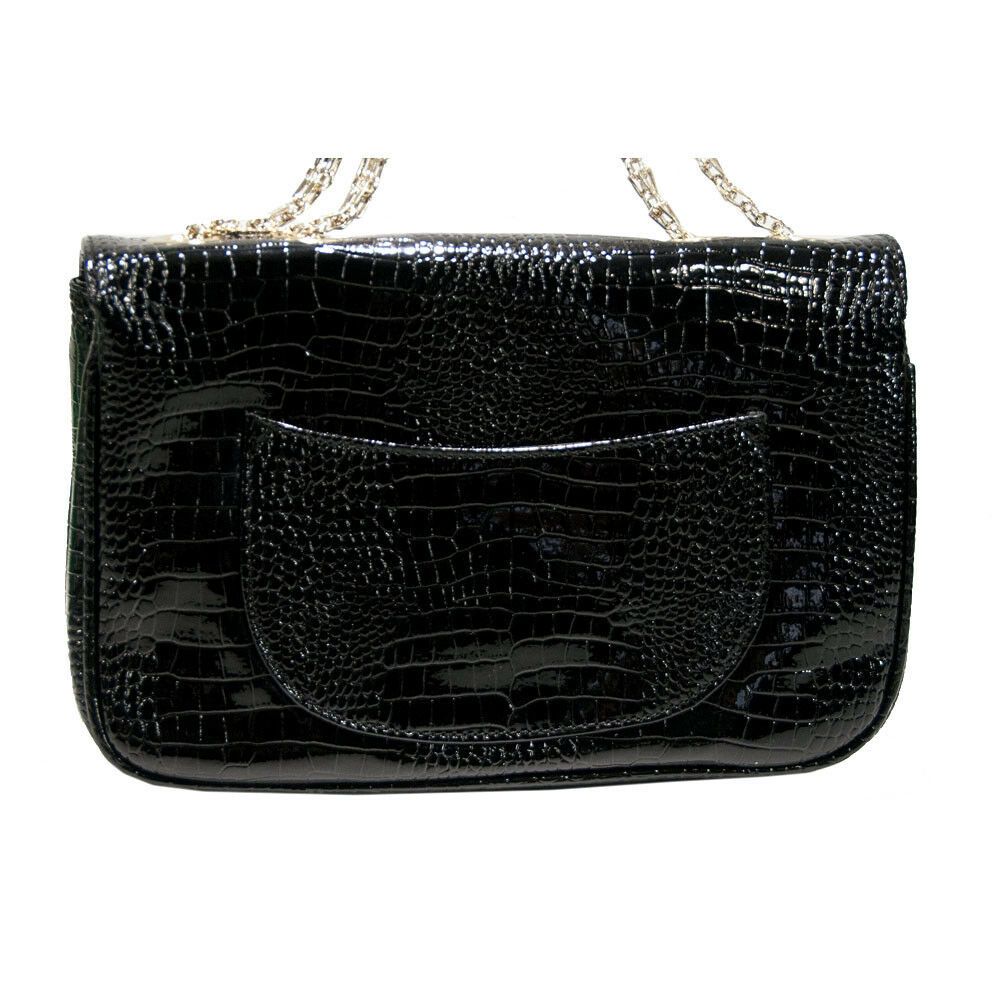 Amrita Singh Black Croc Faux Patent Leather Jumbo Flap Shoulder Bag NWT