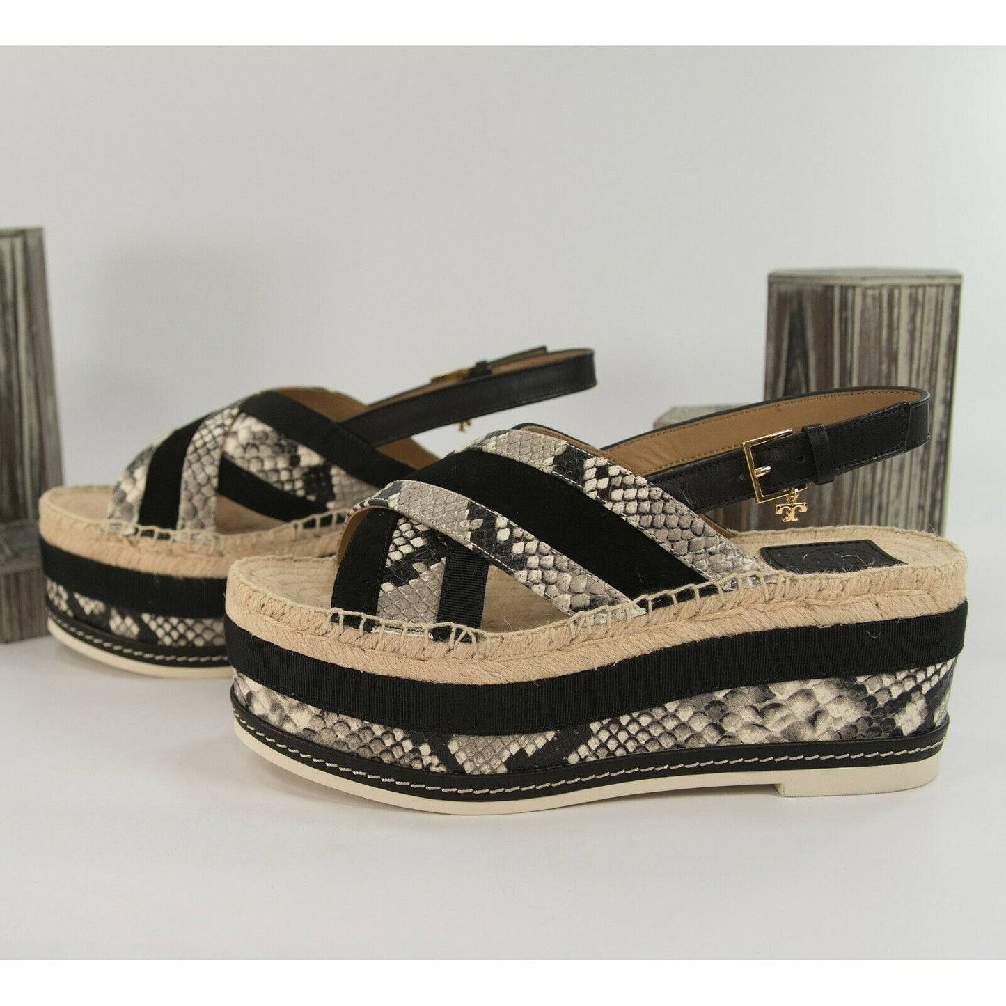 Tory Burch Black Snake Leather Grosgrain 75MM Platform Sandals Size 8 NIB