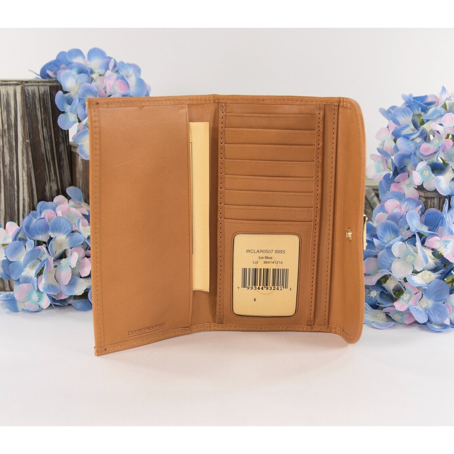 Dooney & Bourke Claremont Ice Blue and Natural Leather Trifold Wallet NWT