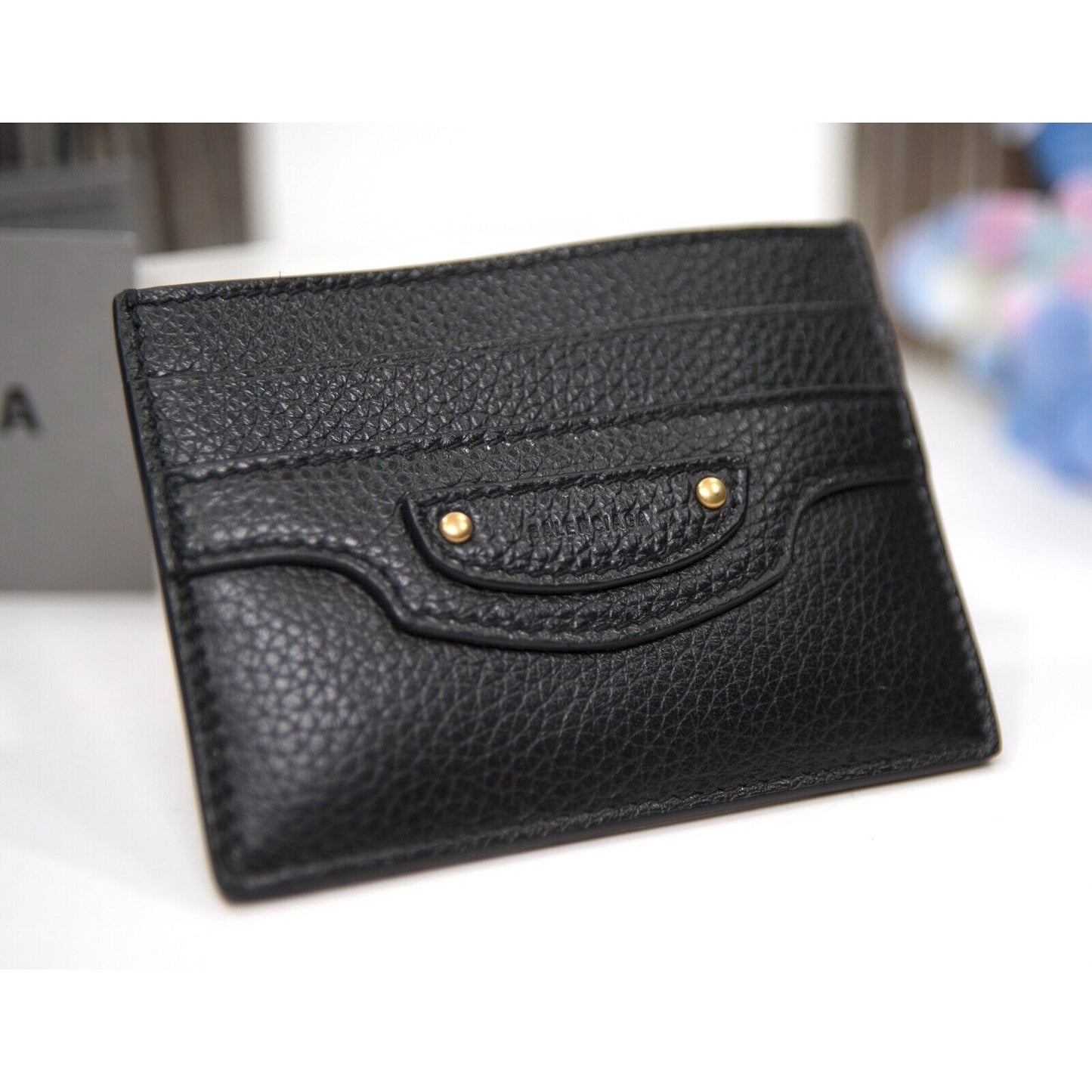 Balenciaga Black Leather Leather Logo City Card Case Mini Wallet NWT