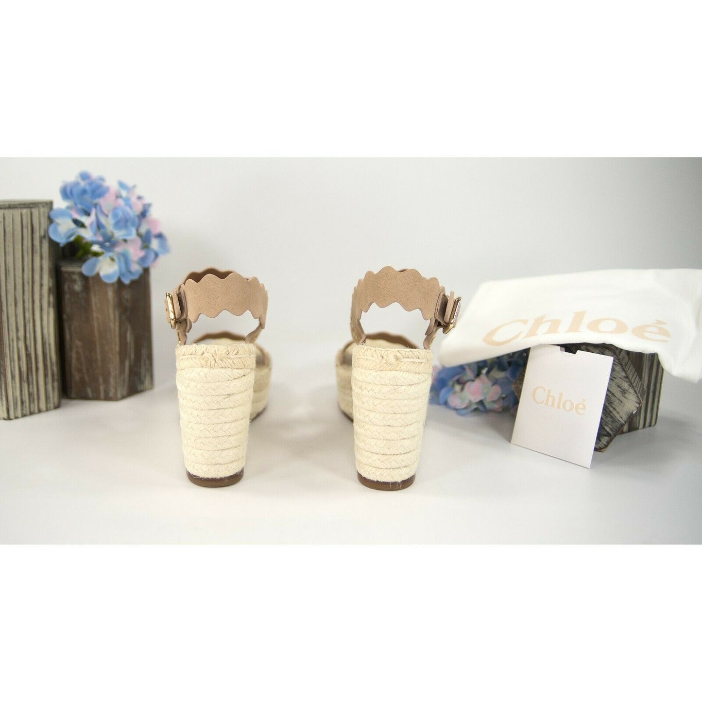 Chloe Lauren Studded Grommet Suede Espadrille Wedge Heels Sandals Size 37 NIB