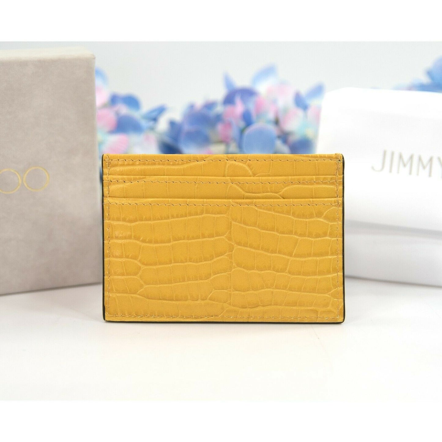 Jimmy Choo Umika Dark Sun Yellow Croc Leather Card Case Holder Wallet NWT