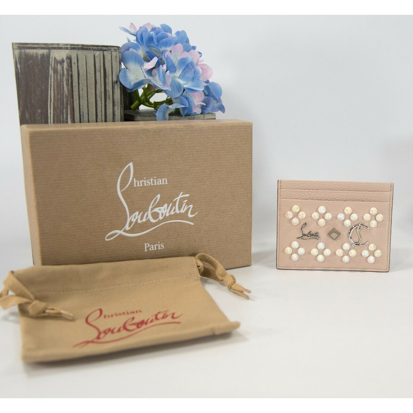 Christian Louboutin Kios Iridescent Studded Pink Leather Card Case Wallet NWT