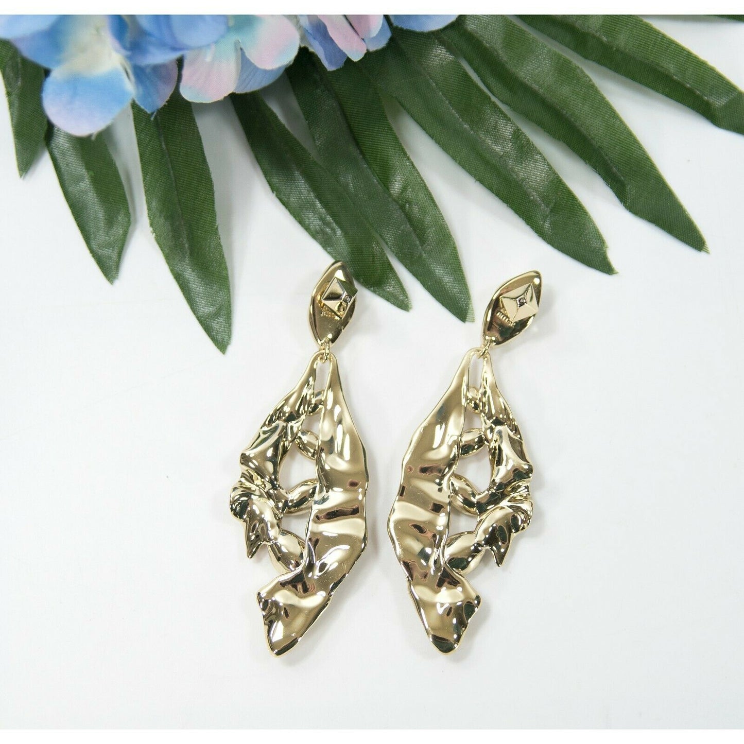 Alexis Bittar Stone Studded Crumpled Metal 14k Gold Plated Navette Earrings NWT