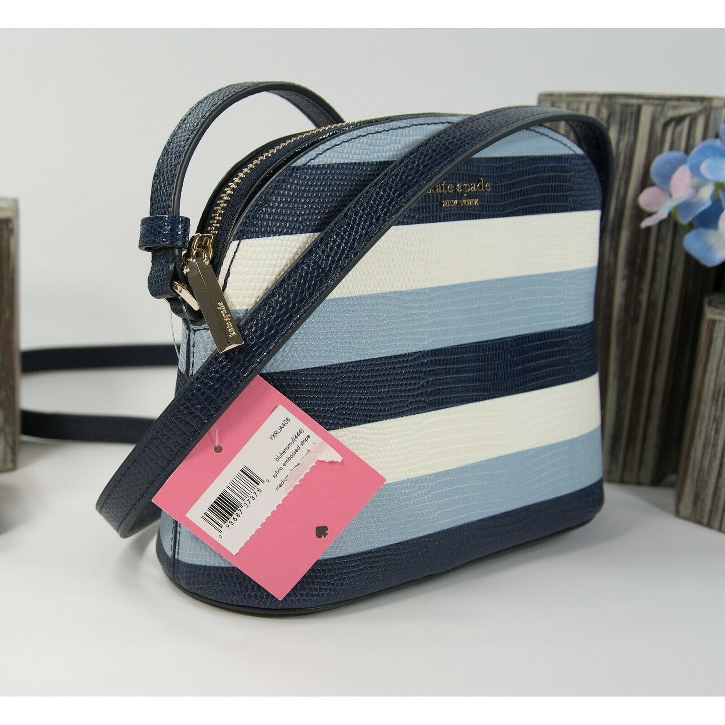 Kate Spade Sylvia Blue Lizard Embossed Stripe Leather Medium Dome Crossbody NWT