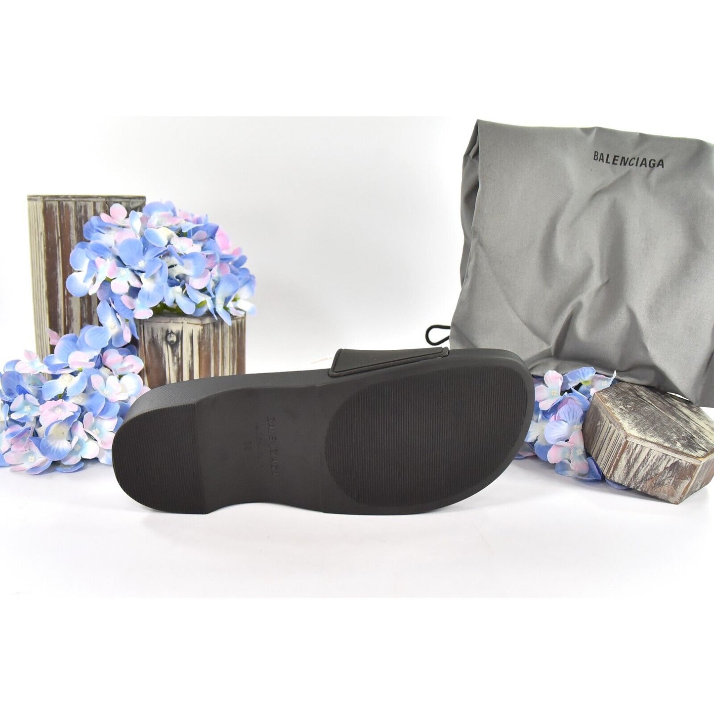 Balenciaga BB Black Rubber Wedge Slide Sandals Size 38 NIB