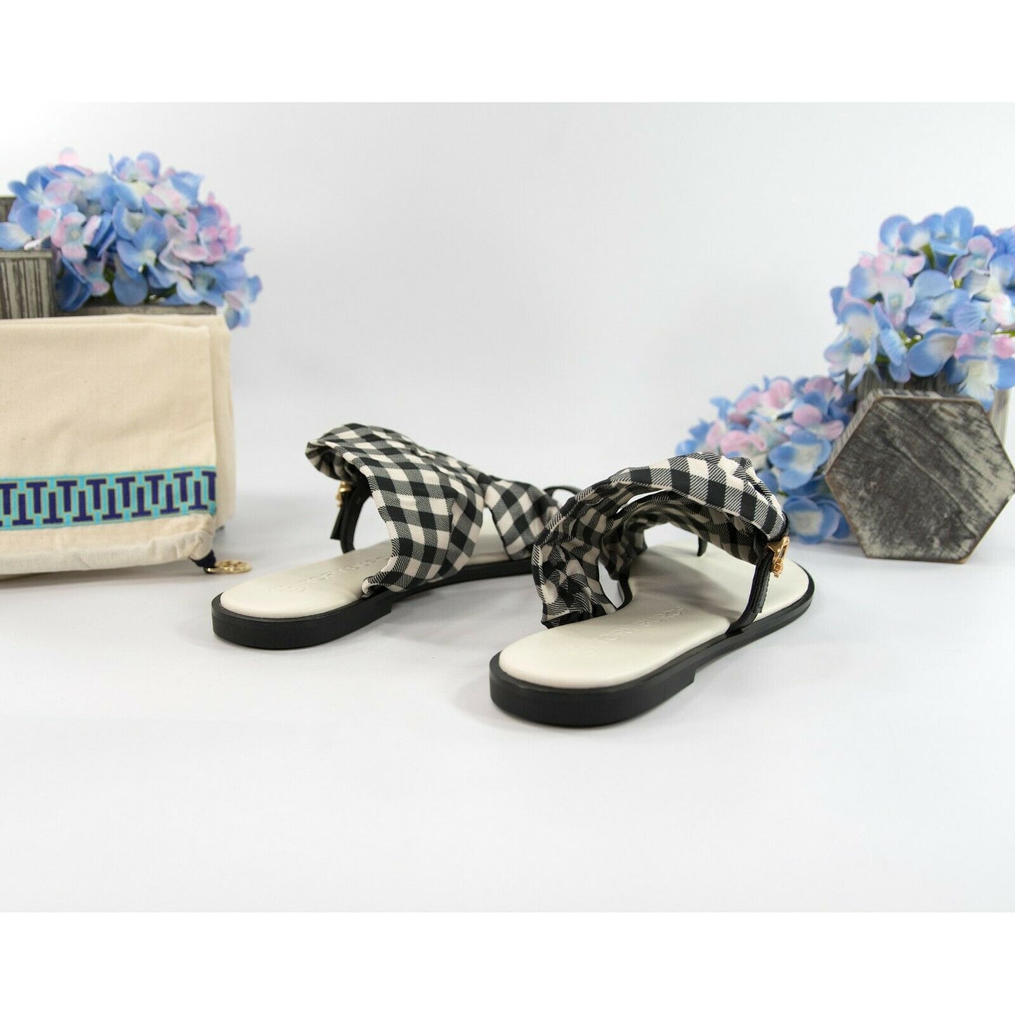 Tory Burch Black New Ivory Gingham Twill Leather Selby Scarf Sandals Size 8 NIB