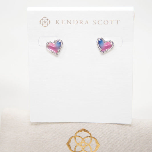 Kendra Scott Ari Ombre Illusion Heart Rhodium Plated Statement Stud Earrings NWT