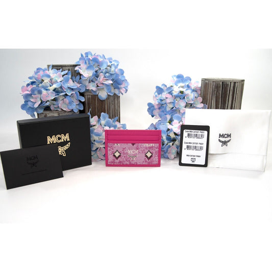 MCM Pink Vintage Jacquard Monogram Visetos Leather Card Case Holder NWT