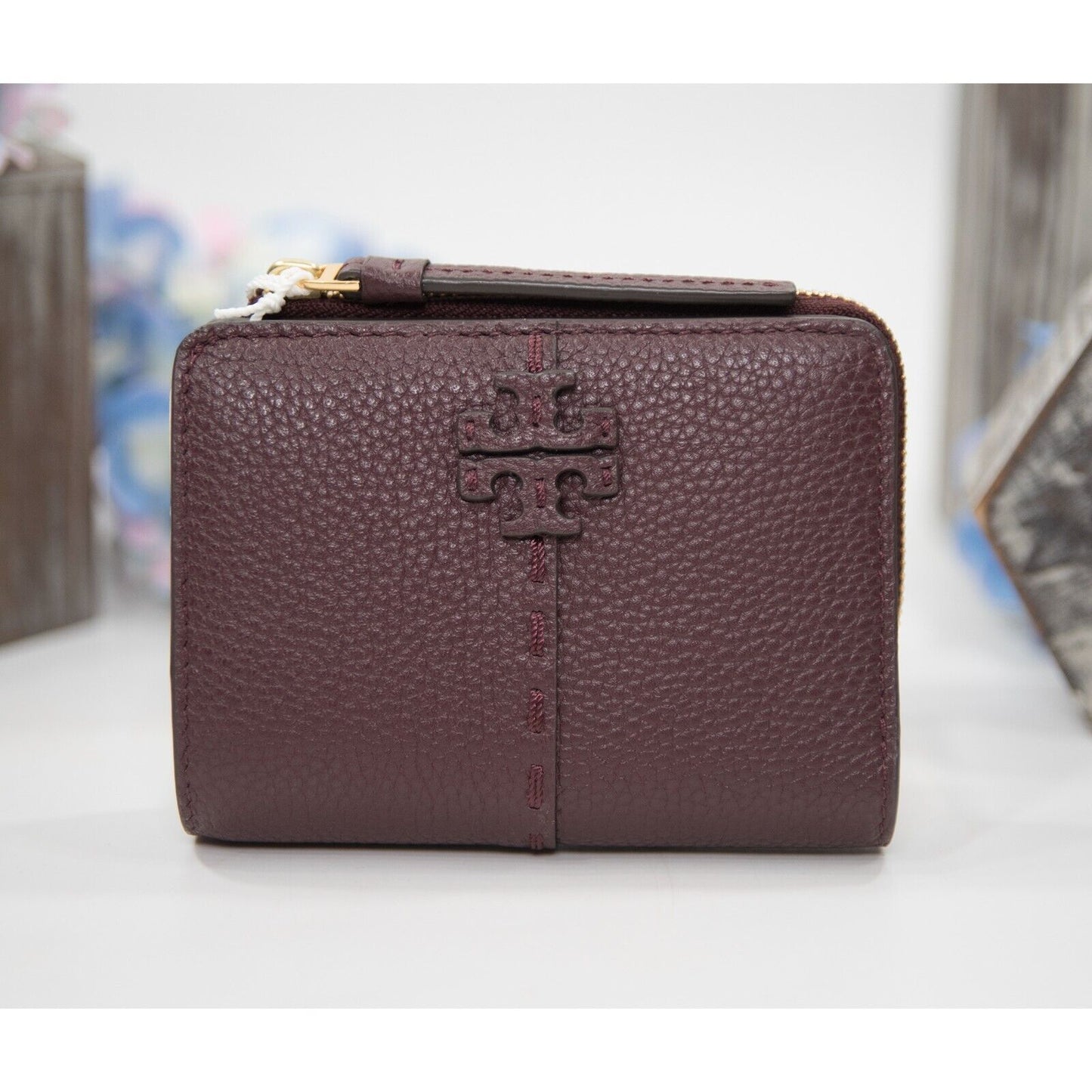 Tory Burch Wine Leather McGraw Bifold Compact Wallet NWT