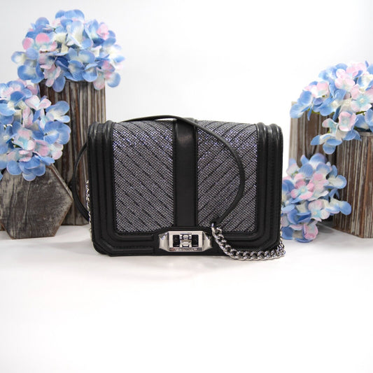 Rebecca Minkoff Silver Fabric Black Leather Love Crossbody Mini Bag NWT