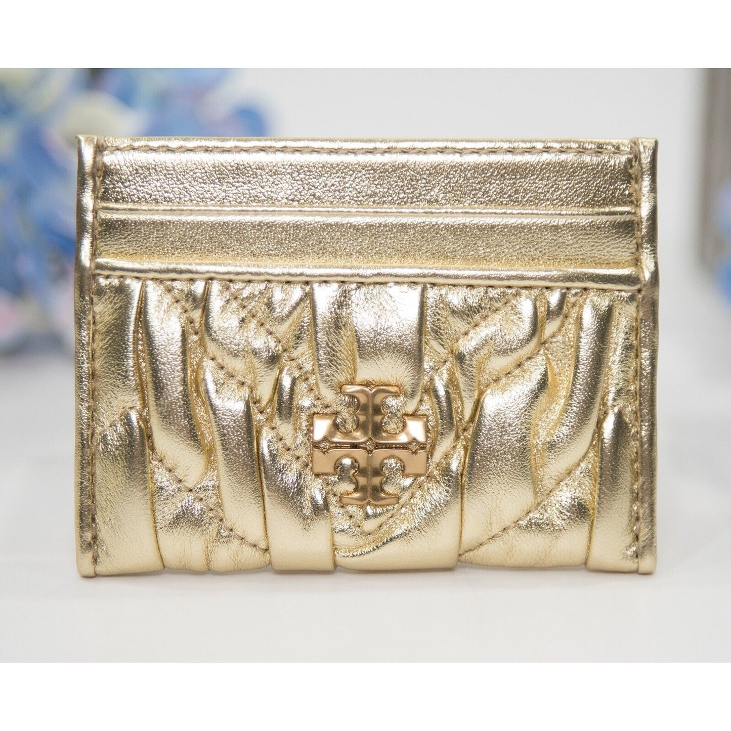 Tory Burch Gold Metallic Ruched Leather Kira Quilted Card Case Mini Wallet NWT