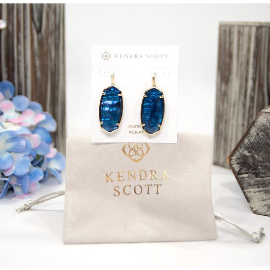 Kendra Scott Elle Faceted Navy Blue Abalone Vintage Gold Statement Earrings NWT