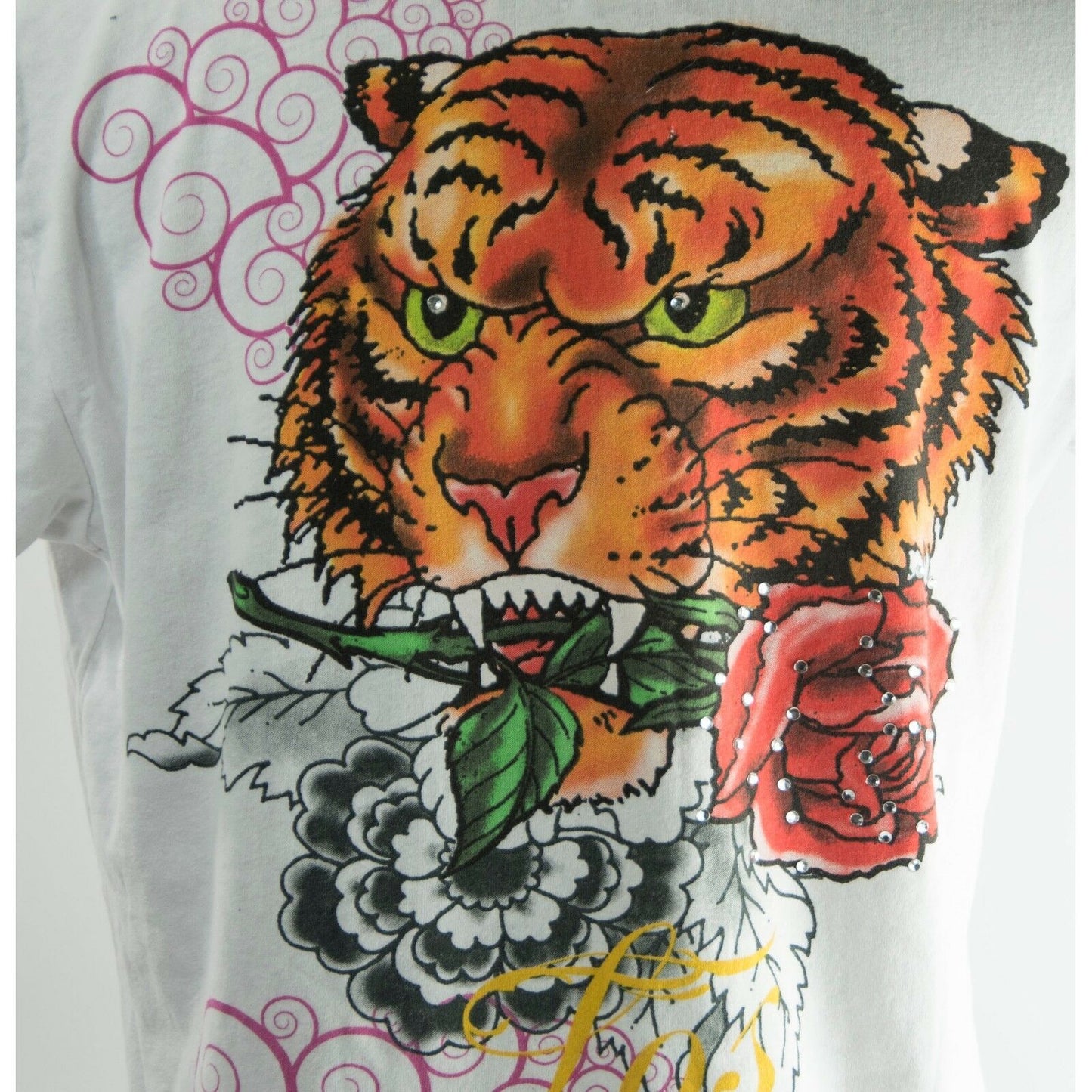 HallHuber White Crystal Tiger Floral Logo Graphic Slim Fit Babydoll T Shirt XL