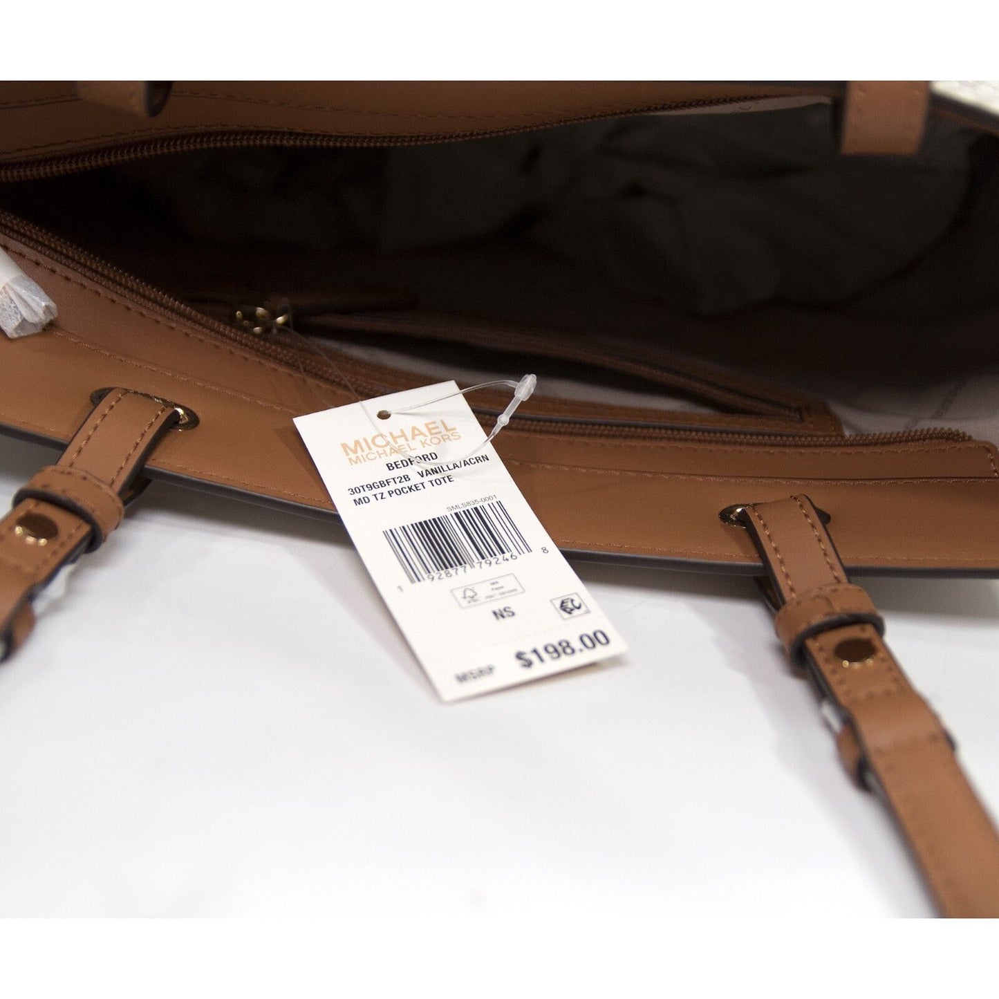 Michael Kors Bedford Vanilla Monogram Acorn Leather Pocket Tote Bag NWT