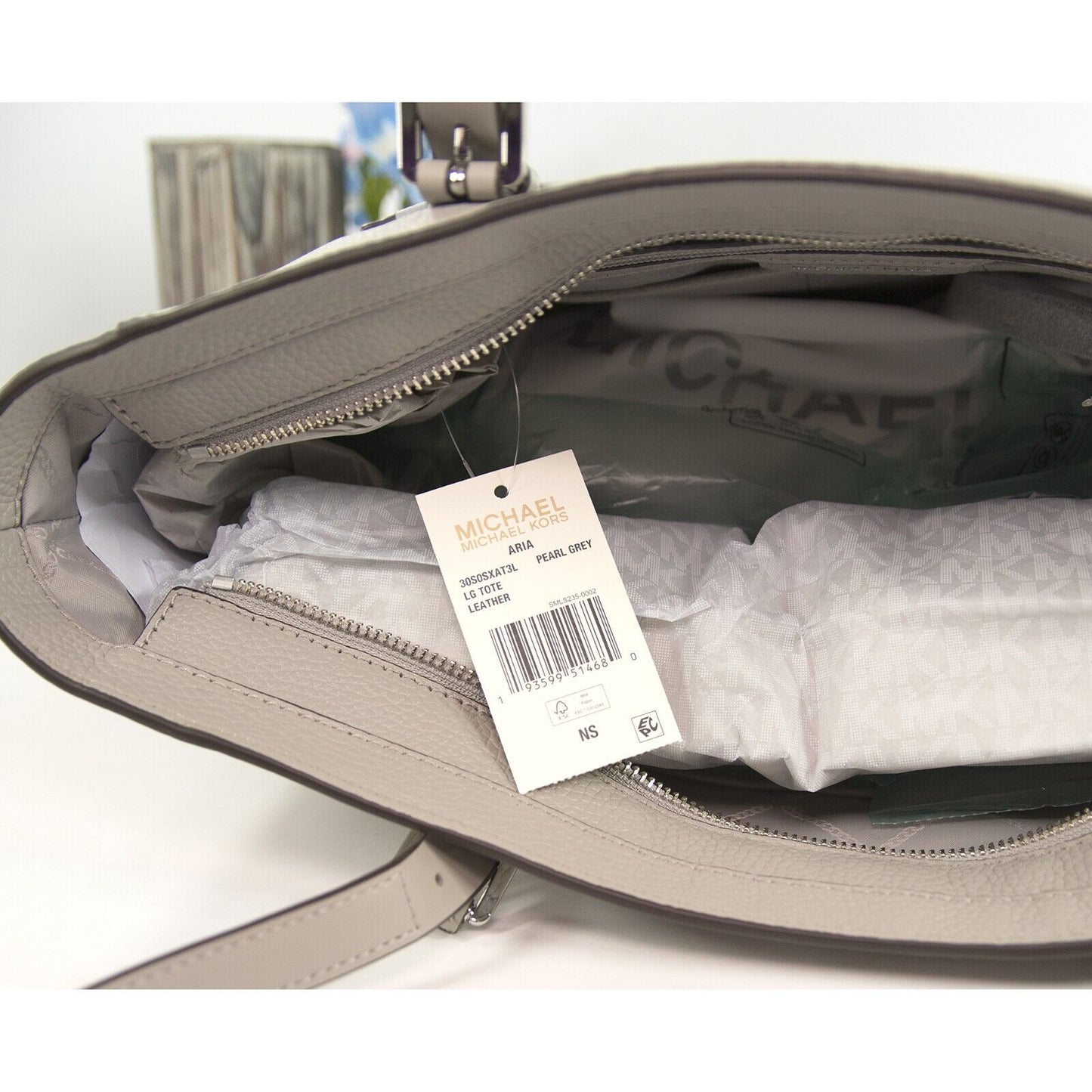 Michael Kors Pearl Grey Leather Aria Large Travel Tote Bag NWT