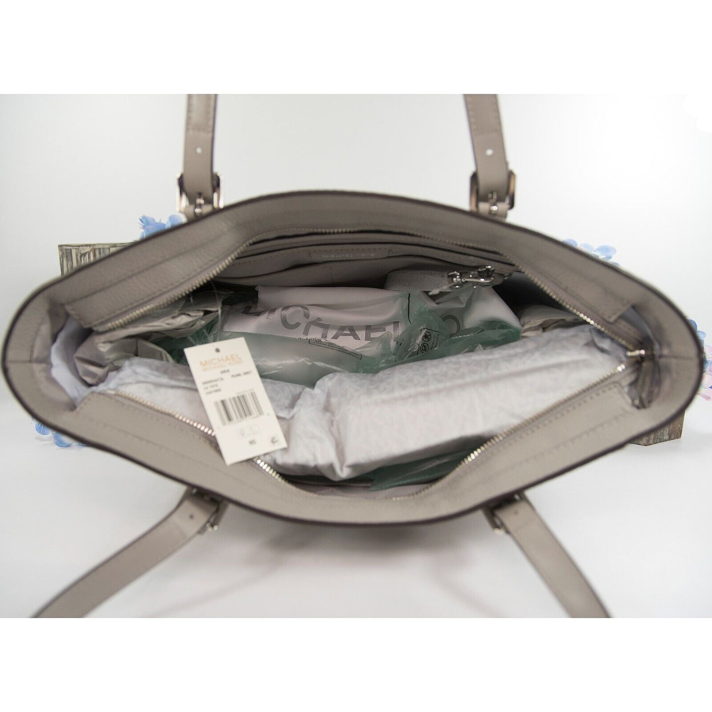 Michael Kors Pearl Grey Leather Aria Large Travel Tote Bag NWT