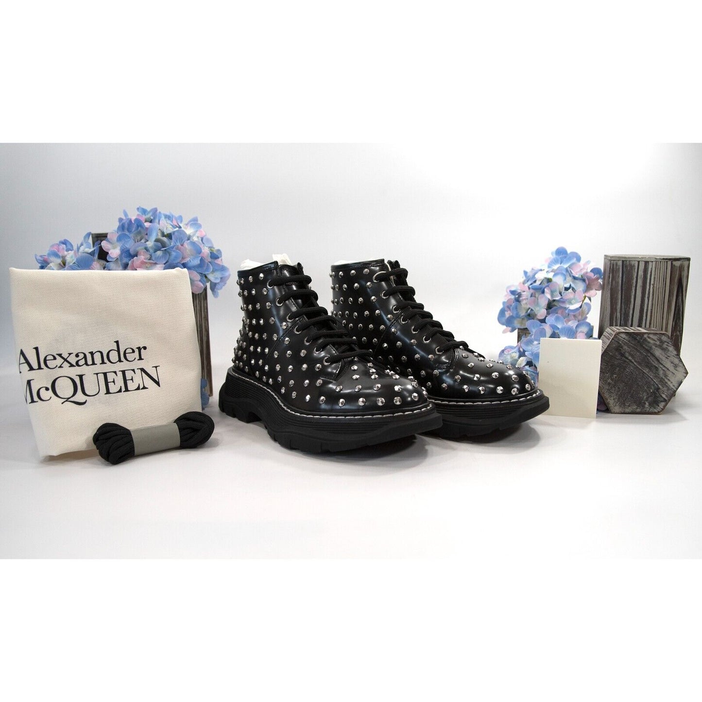 Alexander McQueen Tread Slick Studded Black Leather Lug Sole Boots 37 NIB