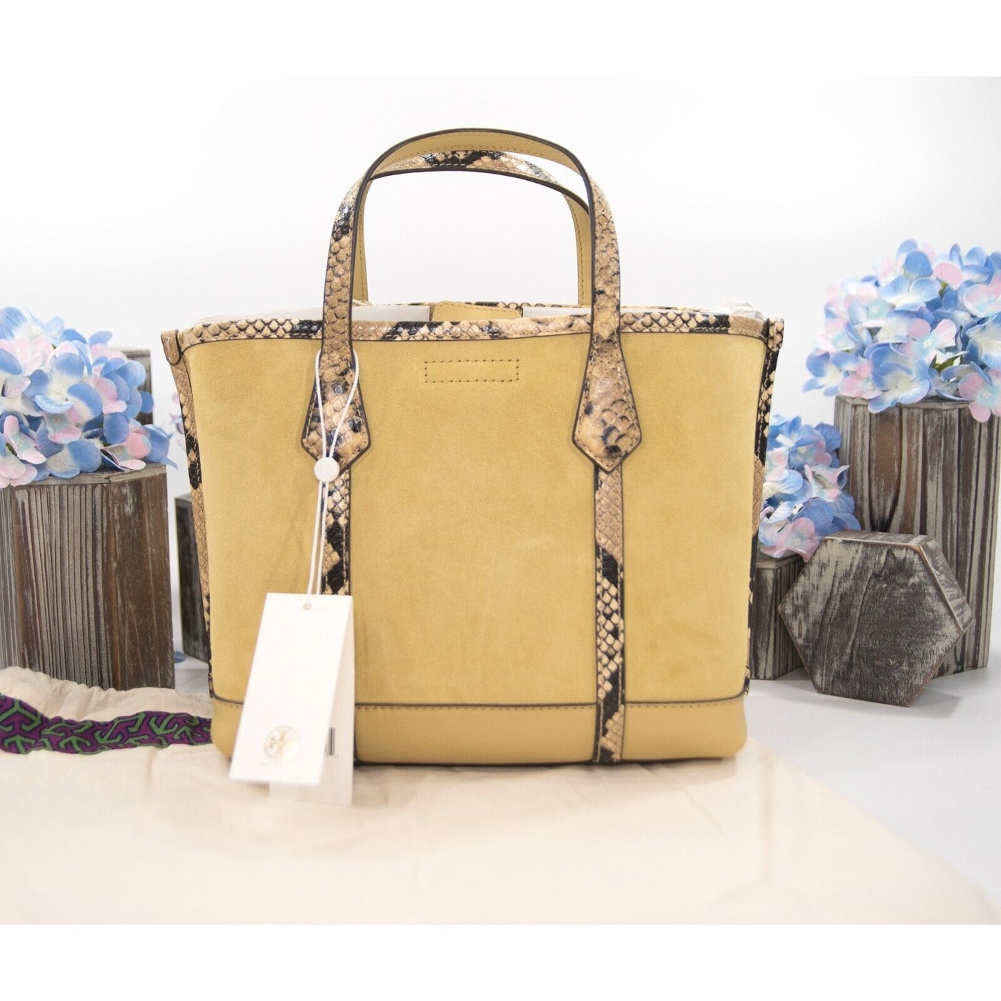 Tory Burch Perry Cornbread Suede Exotic Snake Small Triple Compartment Tote BNWT