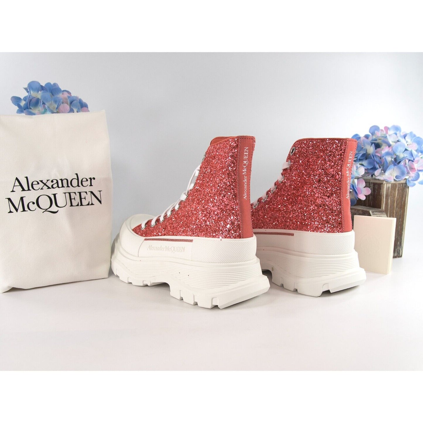Alexander McQueen Deck Tread Slick Rose Gold Glitter High Top Sneakers 39 NIB