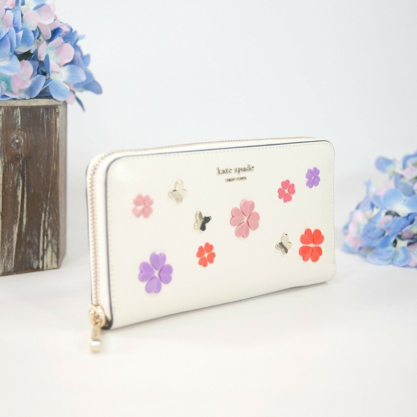Kate Spade Ivory Leather Spencer Clover Butterfly Zip Around Lacey Wallet NWOT