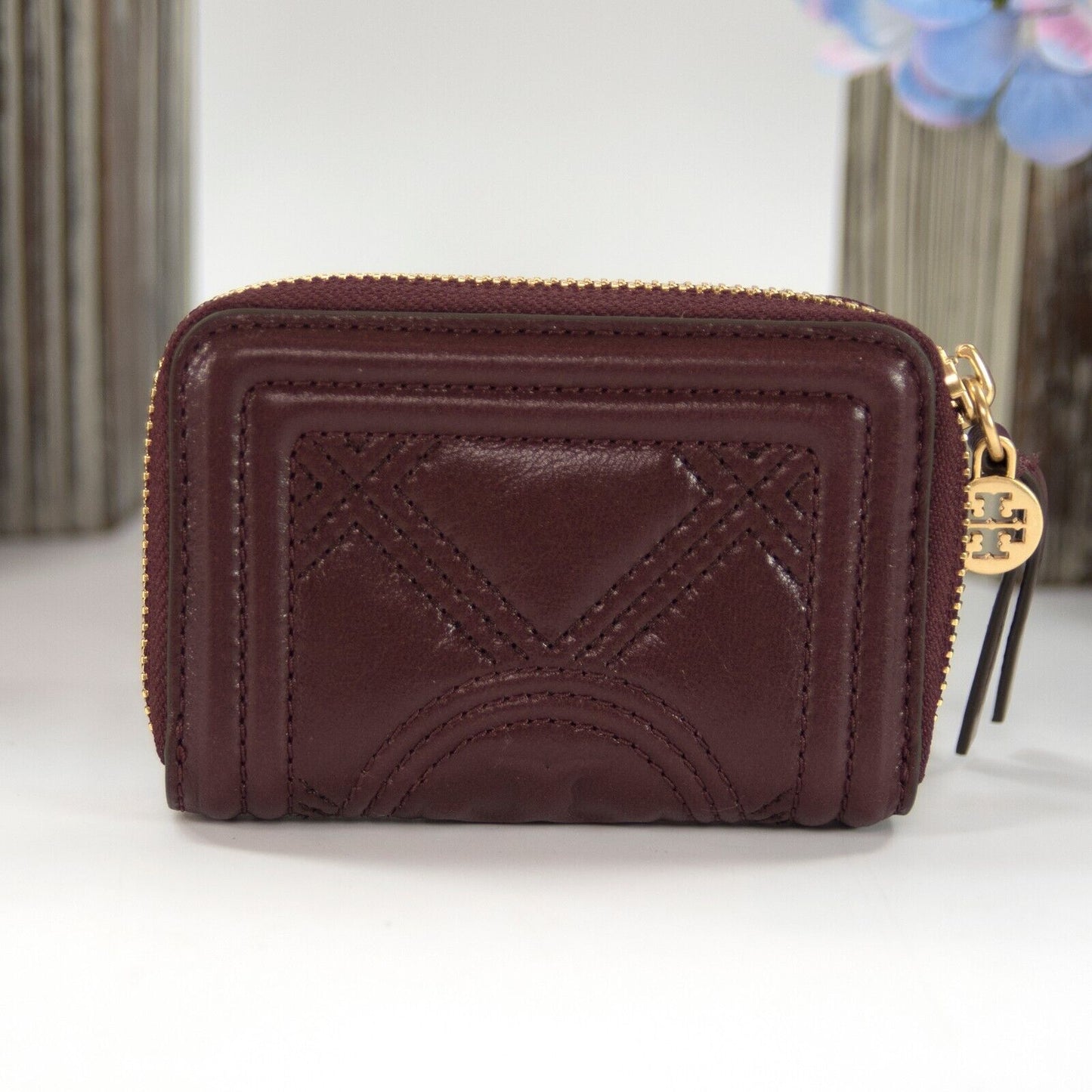 Tory Burch Nebbiolo Soft Waxed Leather Mini Compact Zip Around Wallet NWT