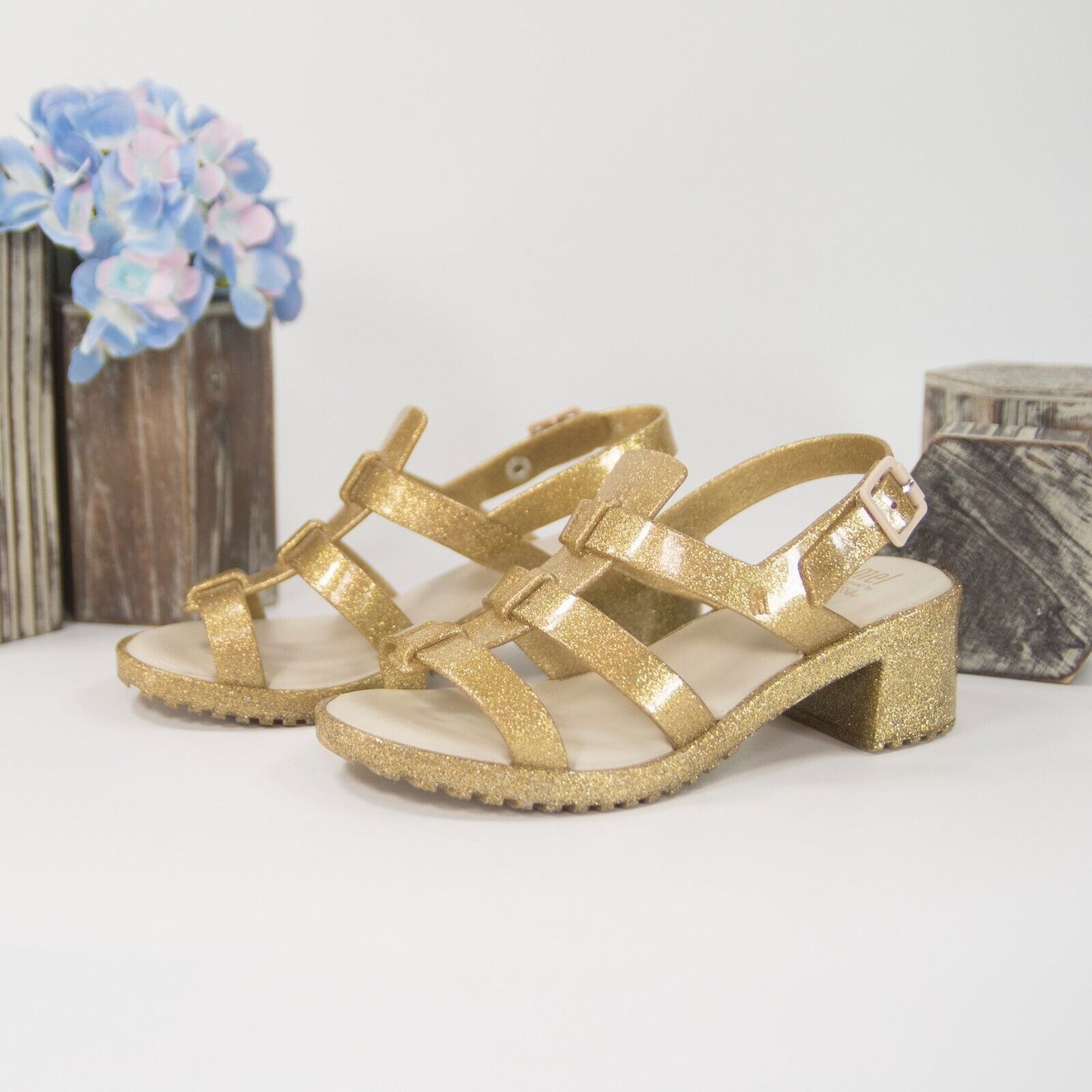 Mel Melissa Gold Glitter Rubber Block Heel Strappy Girls Sandals Size 3 EUC